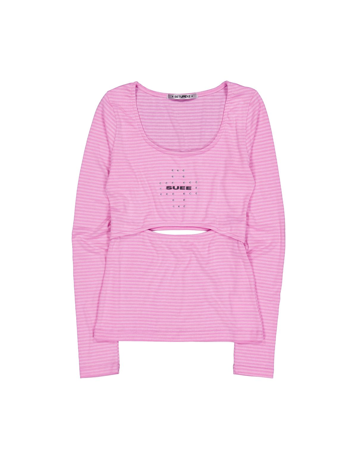 셋업이엑스이(SETUP-EXE) STRIPED U-NECK SLIT TEE /  PINK