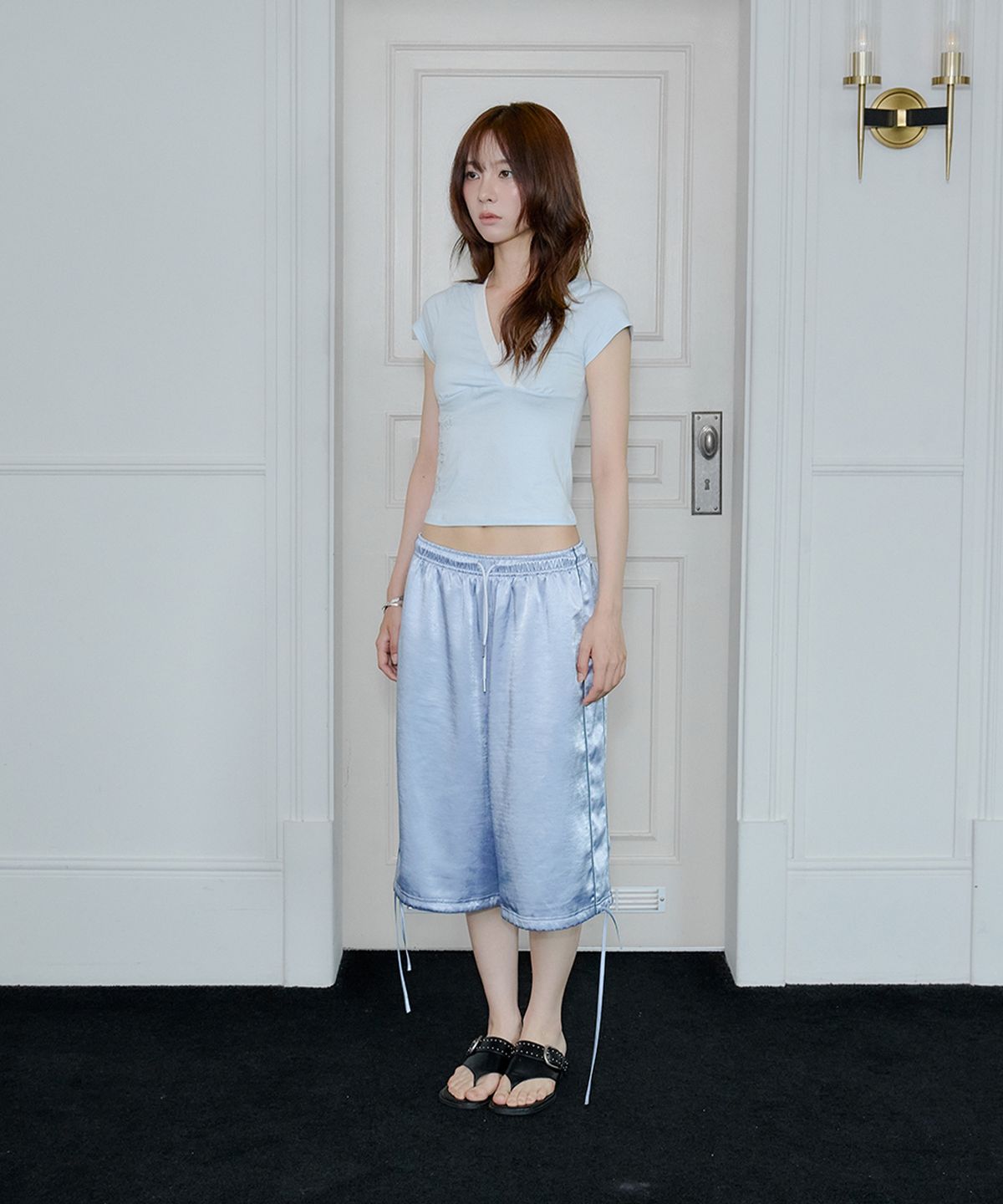 유네(YUNE) Twin Line Cropped Pants_[Sky Blue]