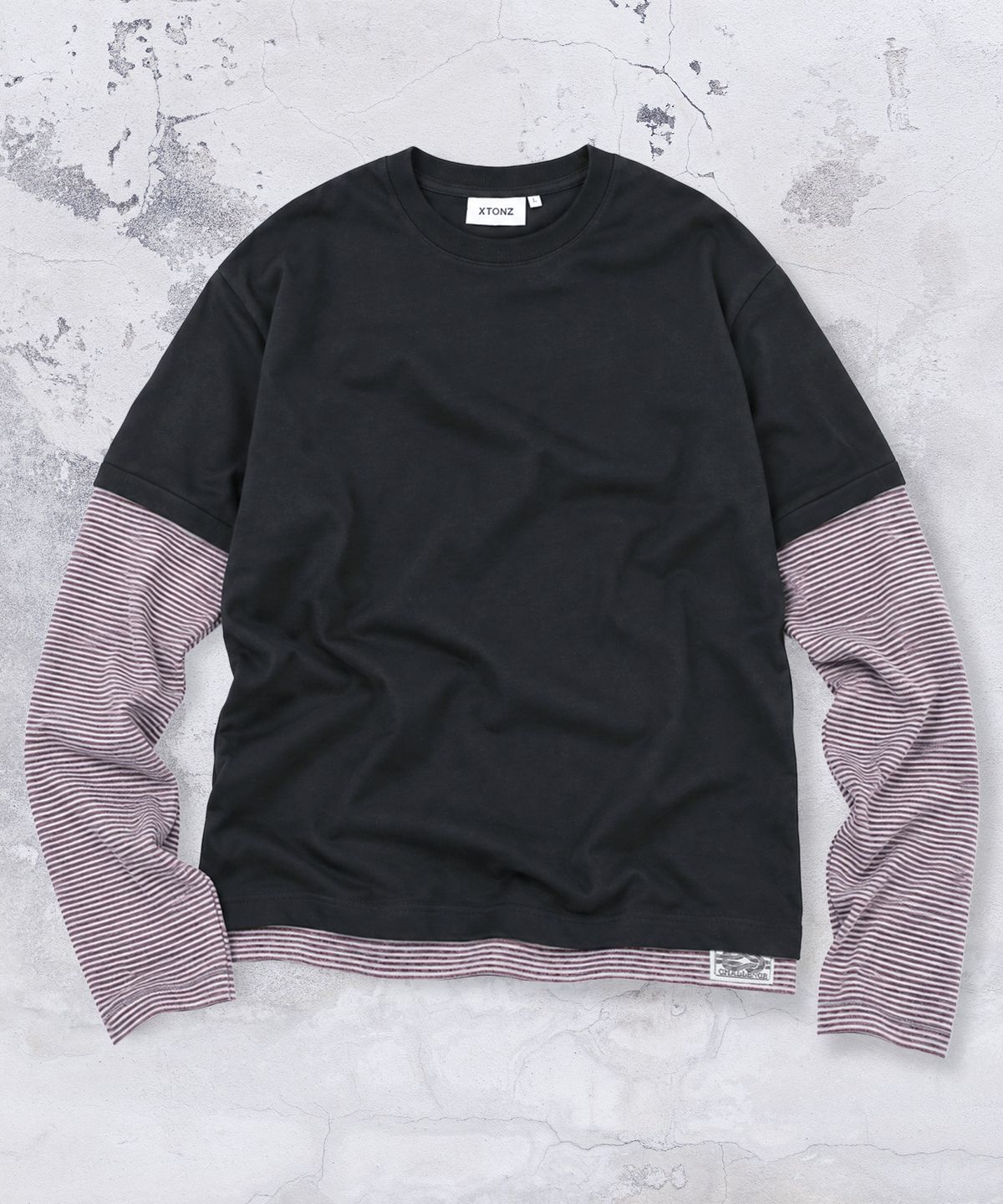 엑스톤즈(XTONZ) XTT166 롤업 레이어드 크롭 롱슬리브 (STRIPE BLACK)