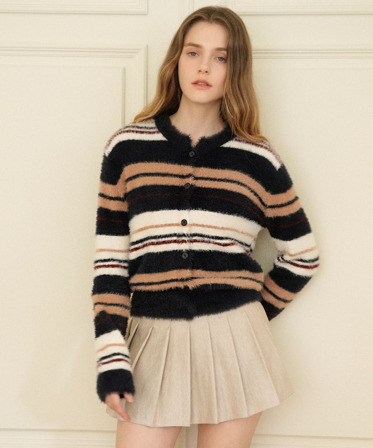 블레티(VLETI) Color Scheme Striped Knit Cardigan (Navy)