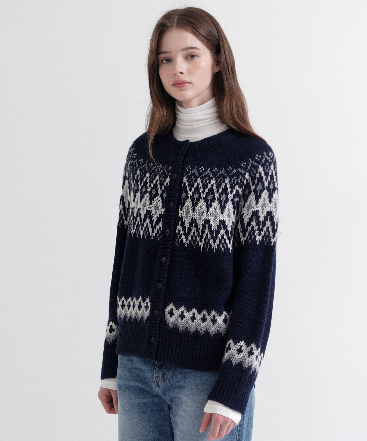 블레티(VLETI) Wool Jacquard Knit Cardigan (navy)