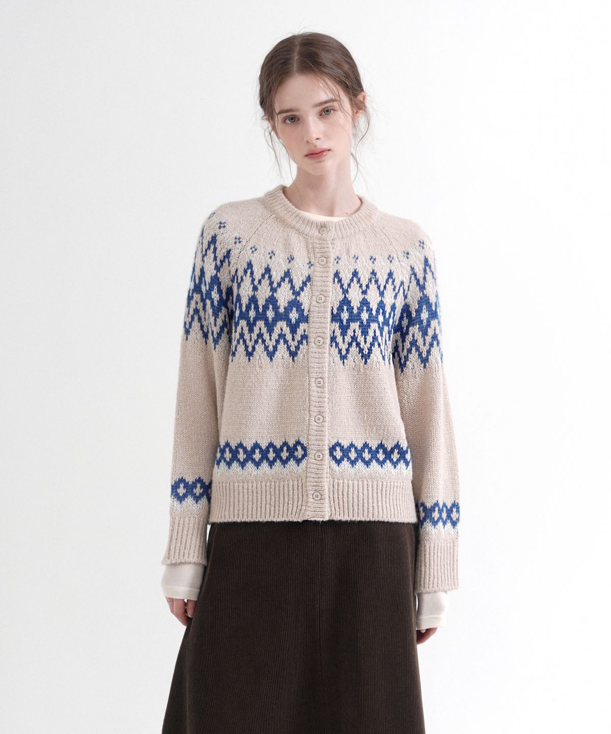 블레티(VLETI) Wool Jacquard Knit Cardigan (beige)