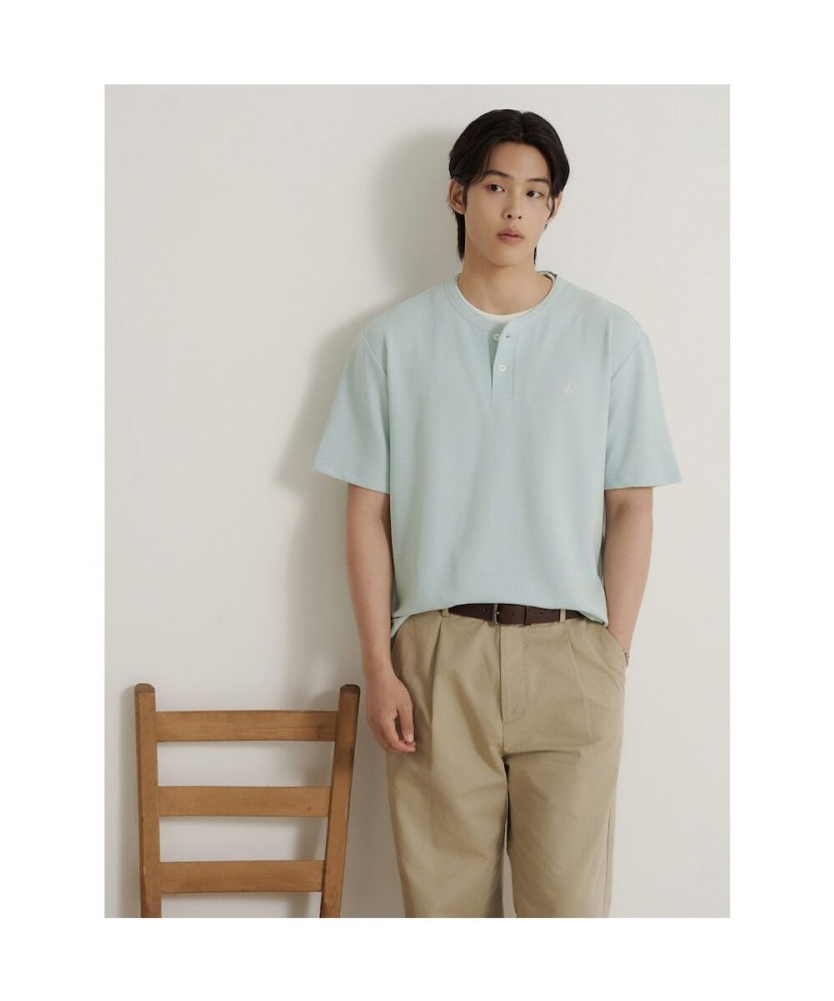 빈폴 멘(BEANPOLE MEN) 레이어드 헨리넥 반소매 티셔츠  라이트 그린