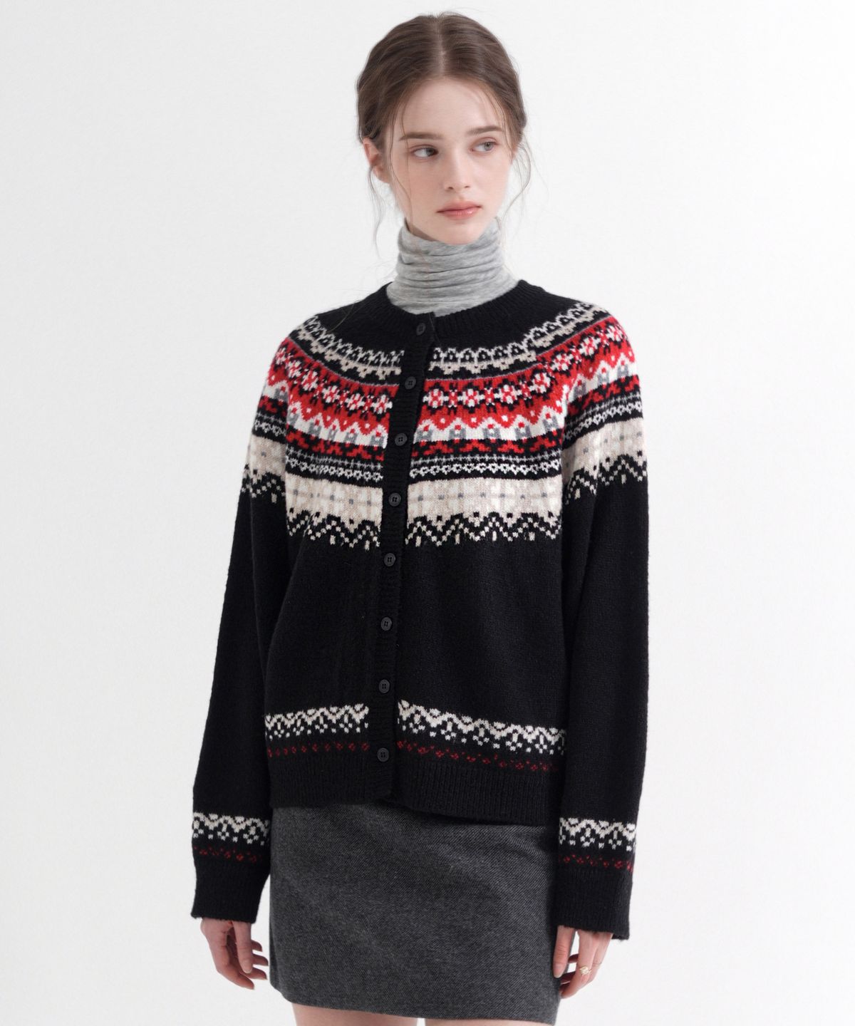 블레티(VLETI) Nordic Round neck Knit Cardigan (black)