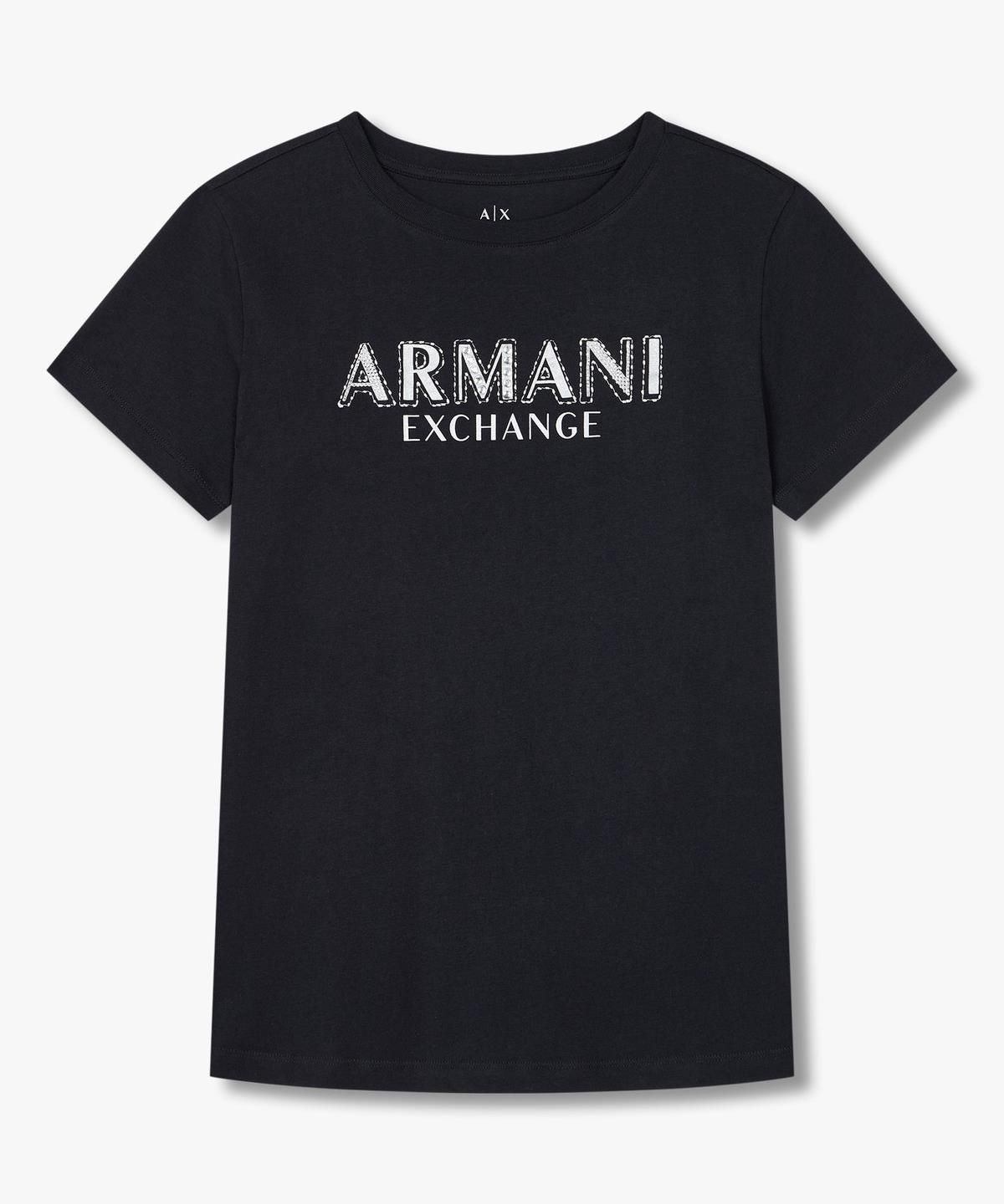 아르마니 익스체인지(ARMANI EXCHANGE) 여성 데코 로고 숏 슬리브 티셔츠 _블랙_A425130512