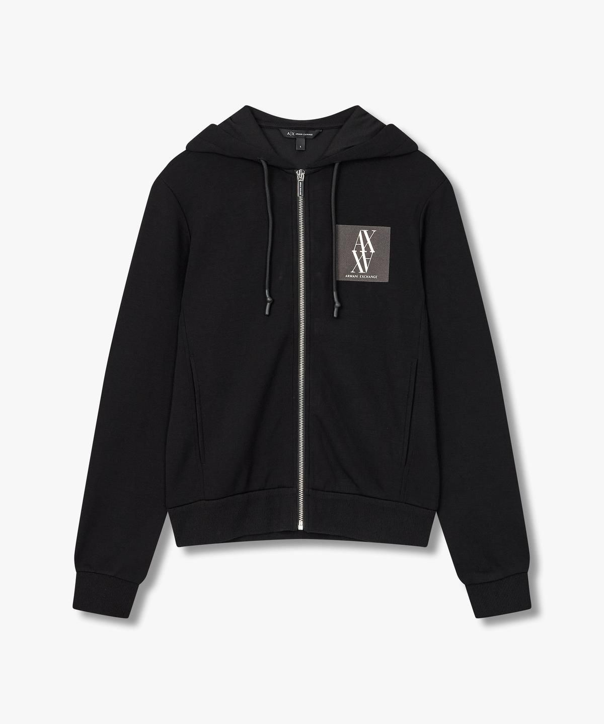 아르마니 익스체인지(ARMANI EXCHANGE) 여성 스퀘어 로고 패치 후드 집업 _블랙_A424331505