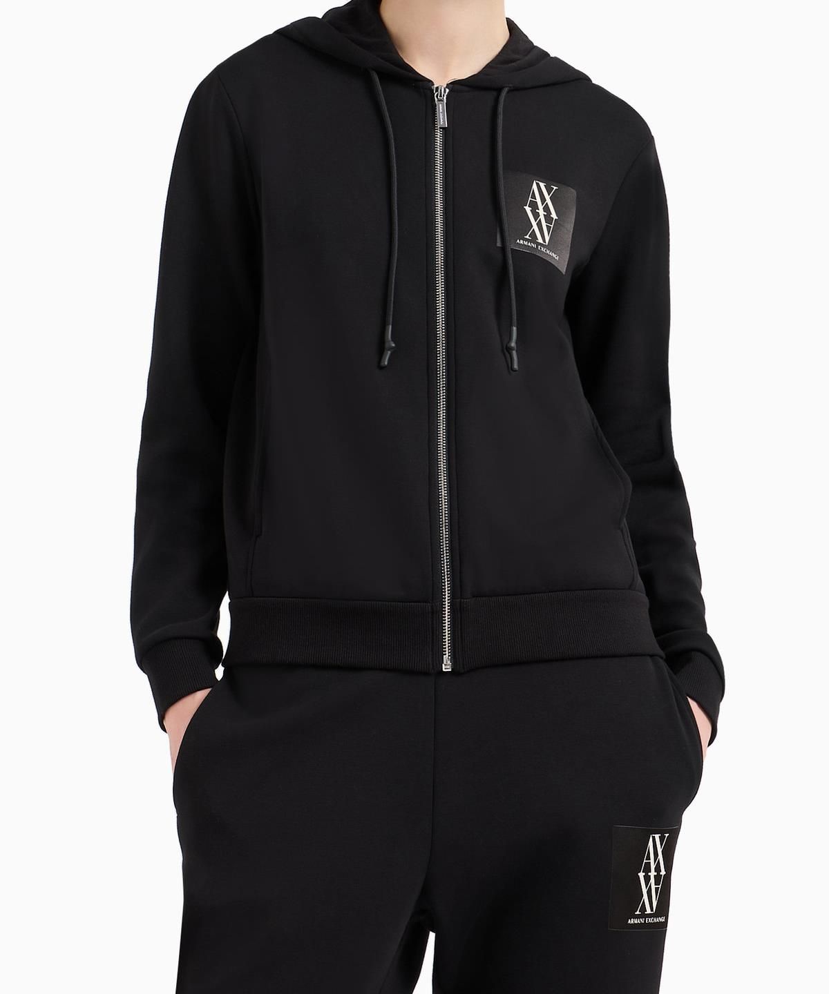 아르마니 익스체인지(ARMANI EXCHANGE) 여성 스퀘어 로고 패치 후드 집업 _블랙_A424331505
