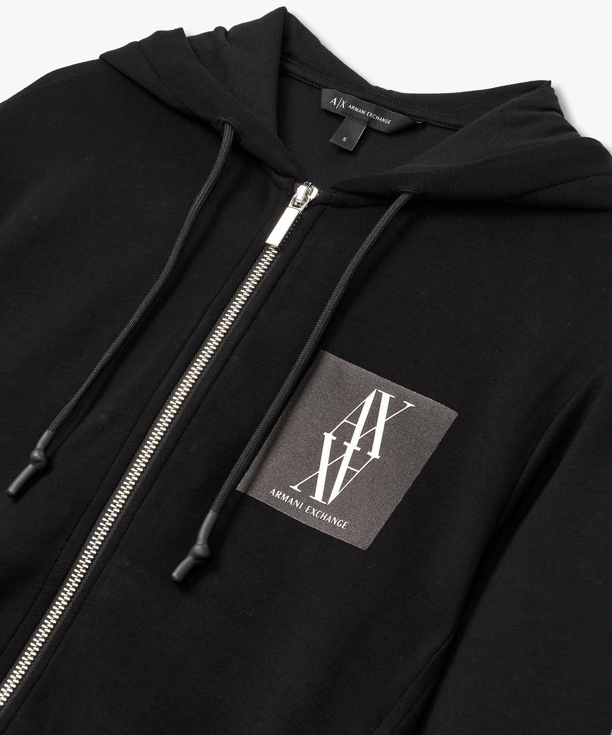 아르마니 익스체인지(ARMANI EXCHANGE) 여성 스퀘어 로고 패치 후드 집업 _블랙_A424331505