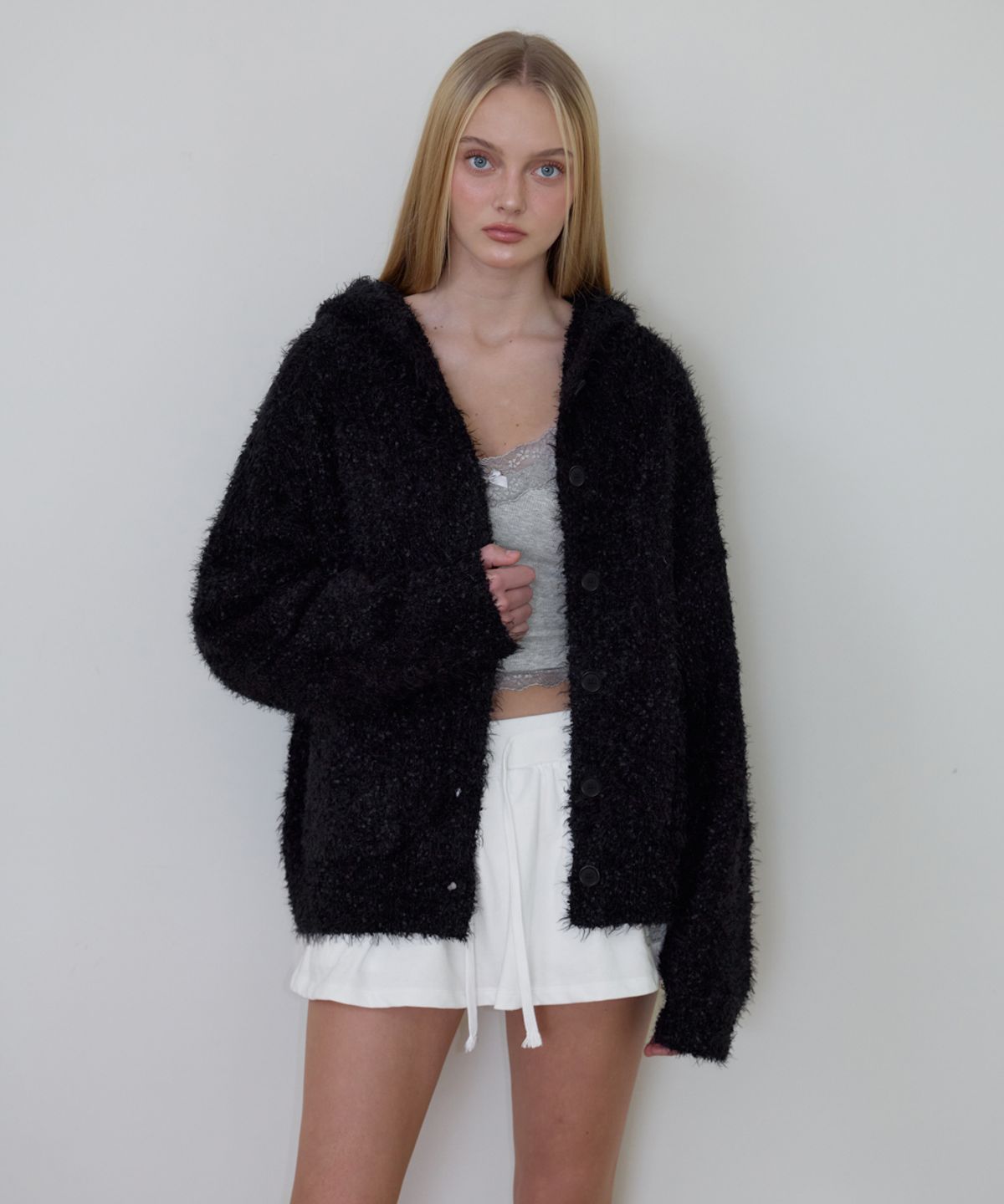 로제프란츠(ROSEFRANTZ) Hairy Overfit Hood Cardigan [Black]