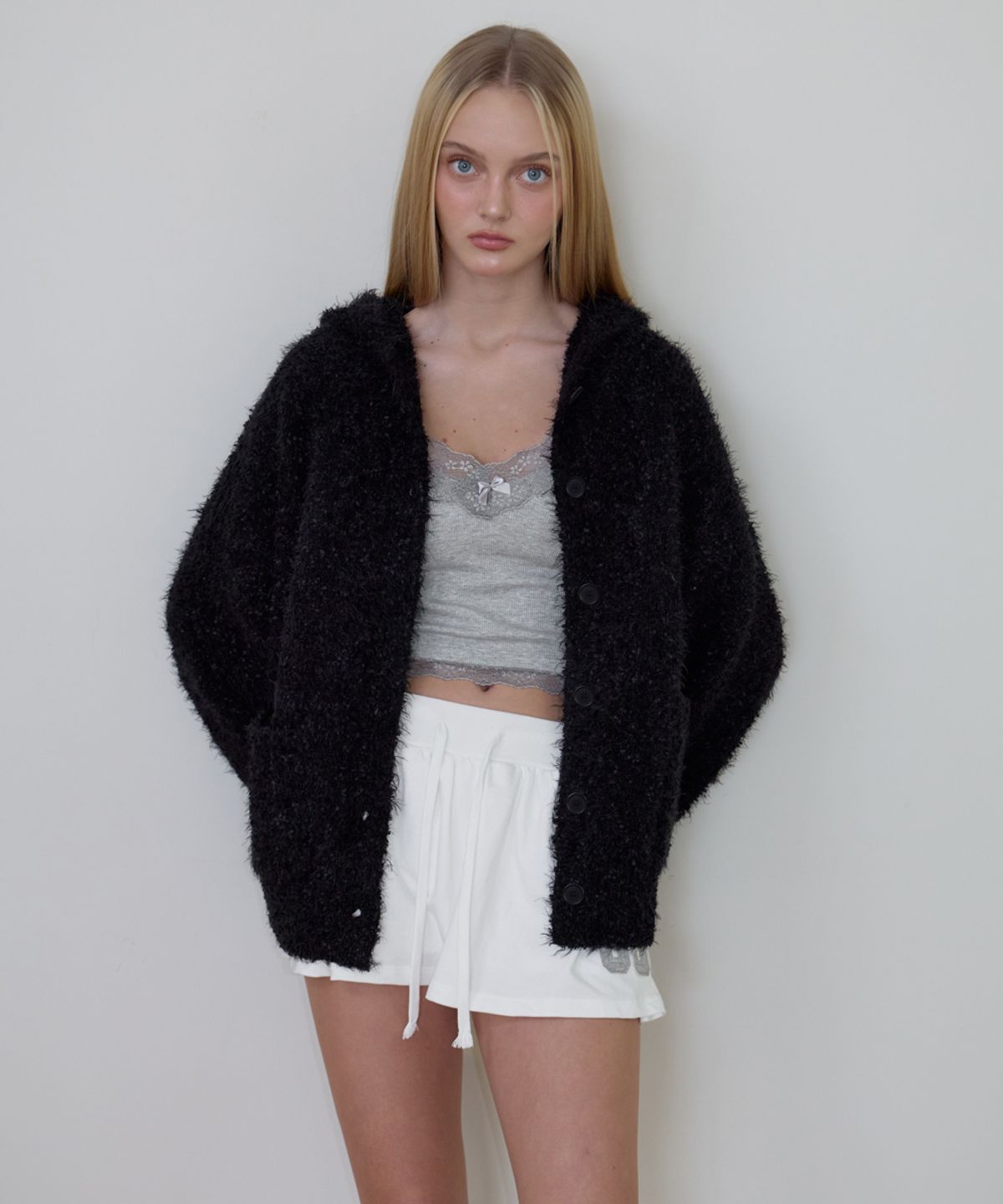 로제프란츠(ROSEFRANTZ) Hairy Overfit Hood Cardigan [Black]