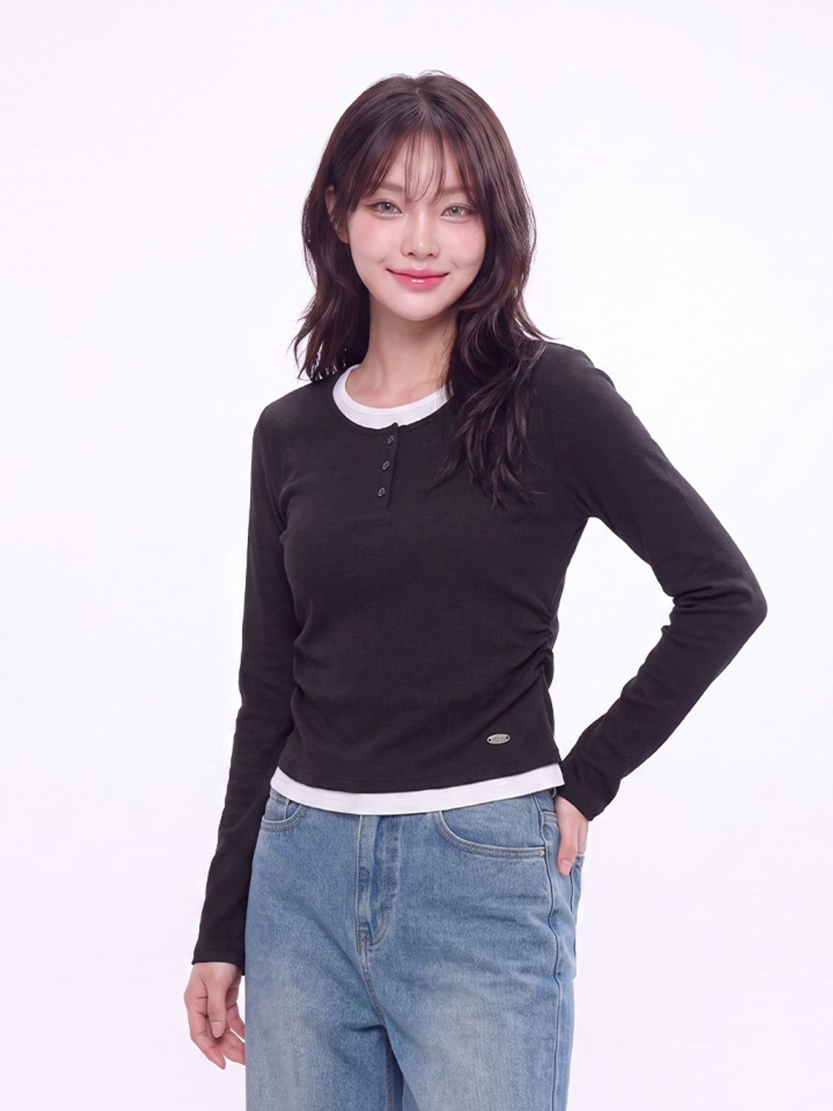 행텐(HANGTEN) 여성 웨일 헨리넥 레이어드 롱 티셔츠_100(10580-131-605-69)