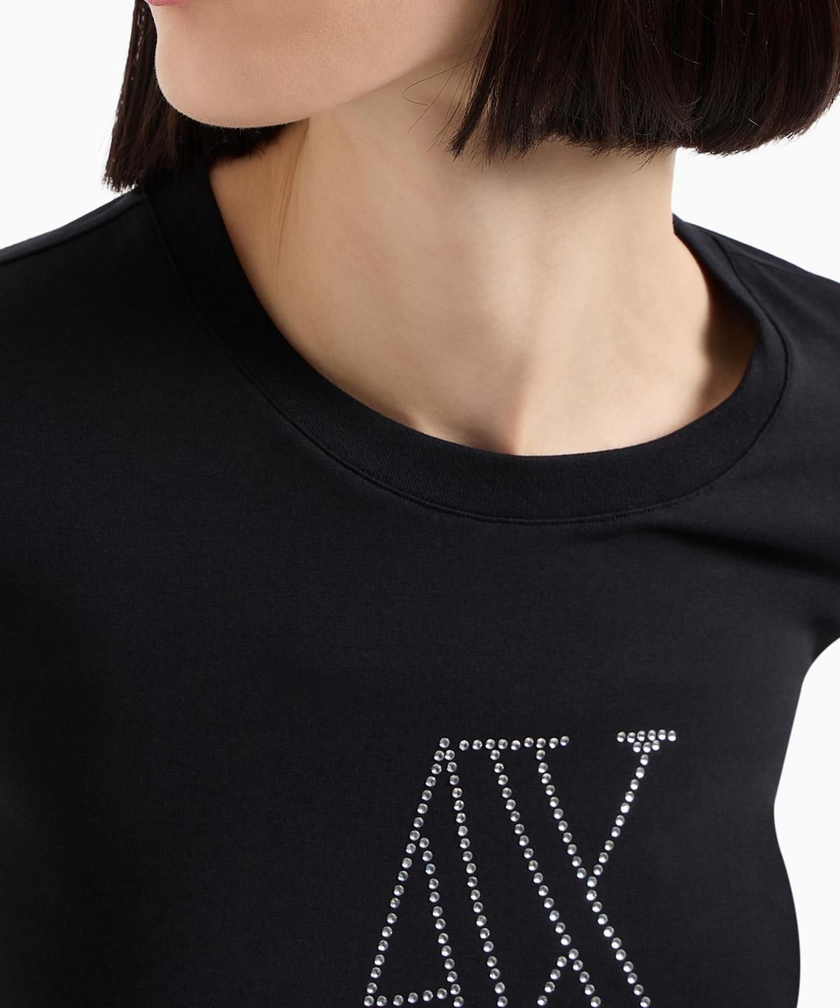 아르마니 익스체인지(ARMANI EXCHANGE) 여성 핫픽스 로고 스트레치 티셔츠 _블랙_A424330503