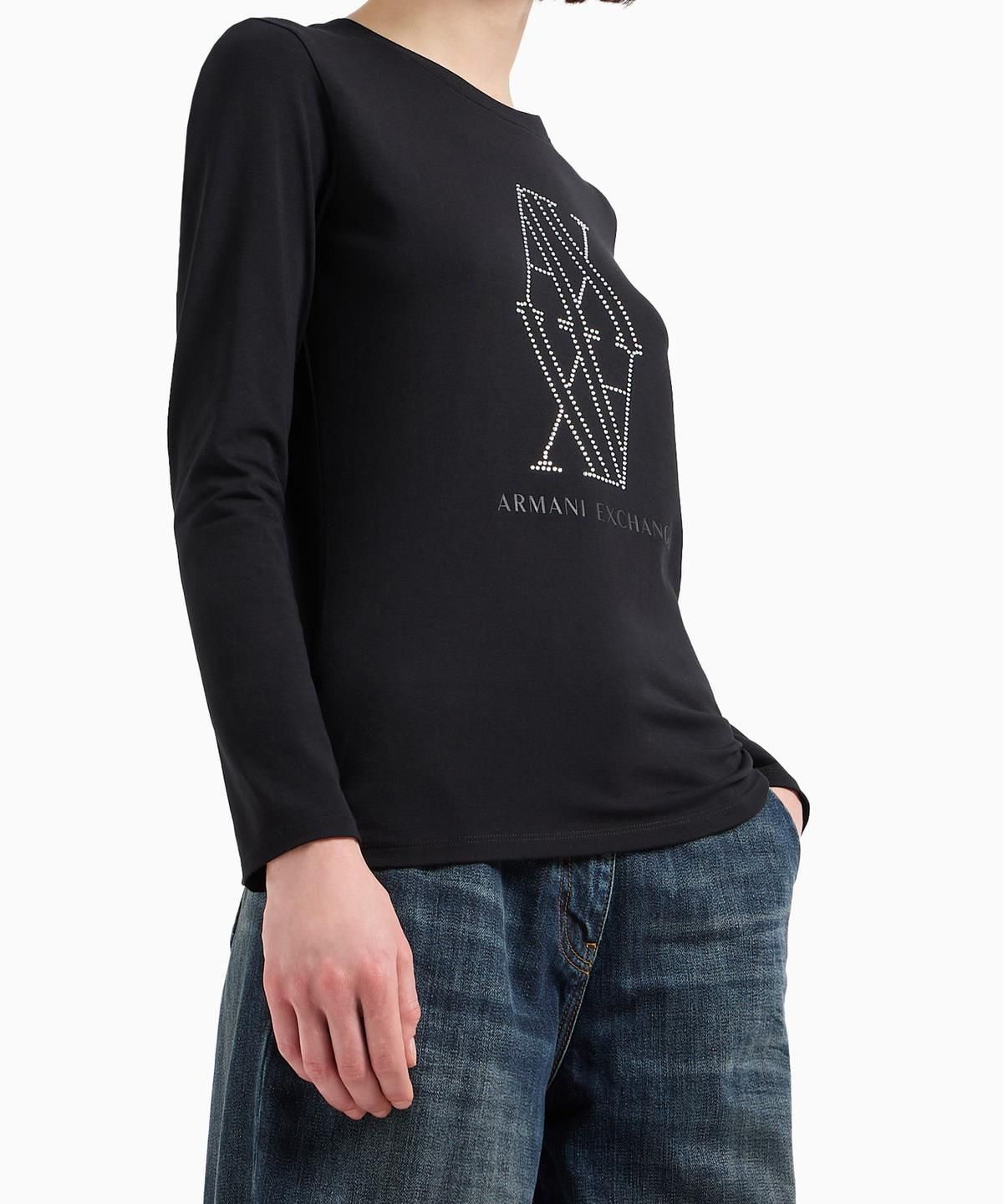 아르마니 익스체인지(ARMANI EXCHANGE) 여성 핫픽스 로고 스트레치 티셔츠 _블랙_A424330503