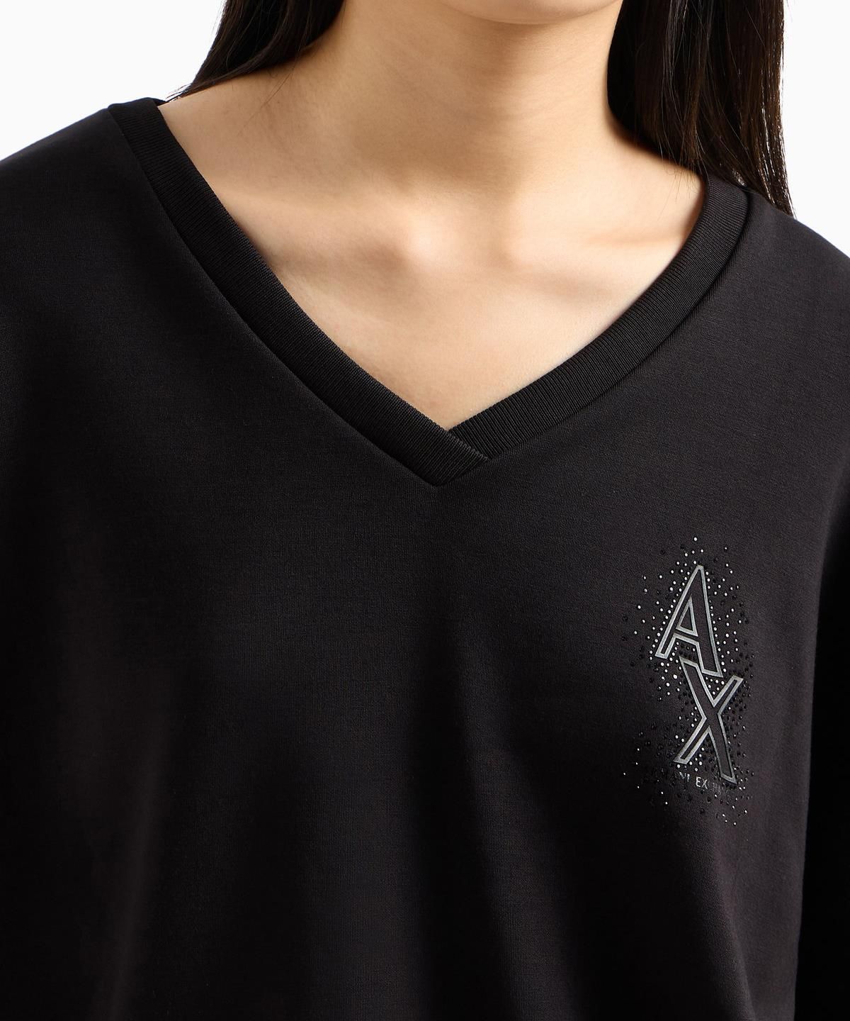 아르마니 익스체인지(ARMANI EXCHANGE) 여성 핫픽스 브이넥 티셔츠 _블랙_A425131504