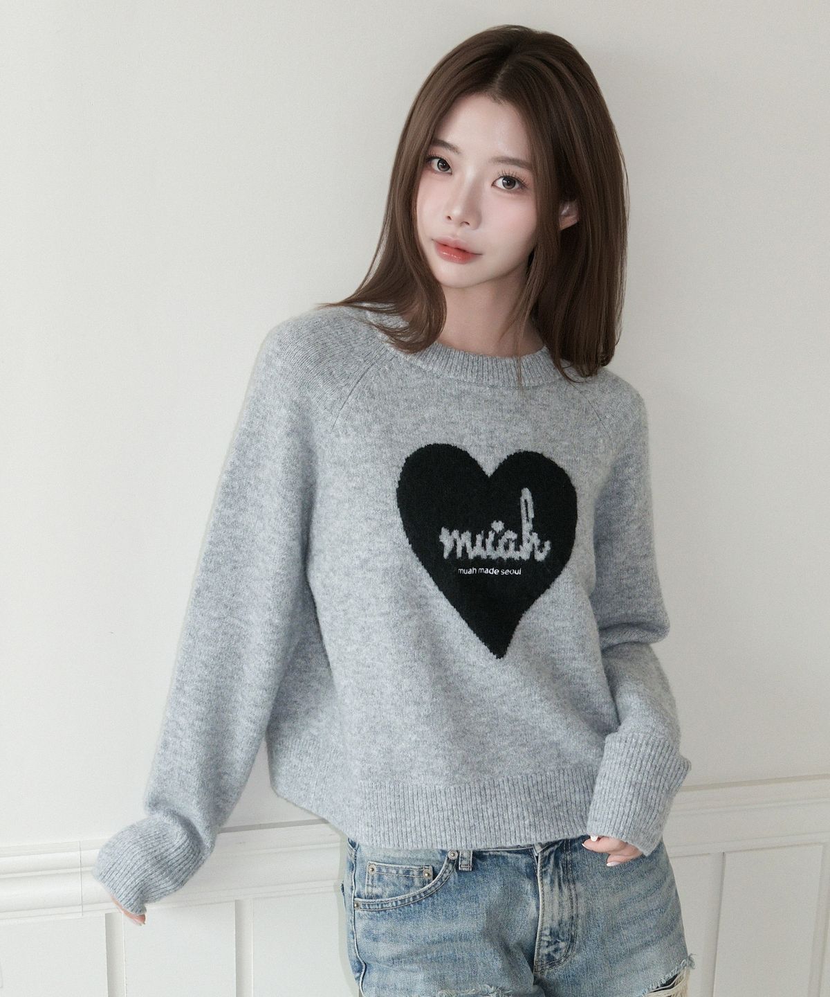 무아무아(MUAHMUAH) 하트 자카드 래글런 니트 [멜란지]