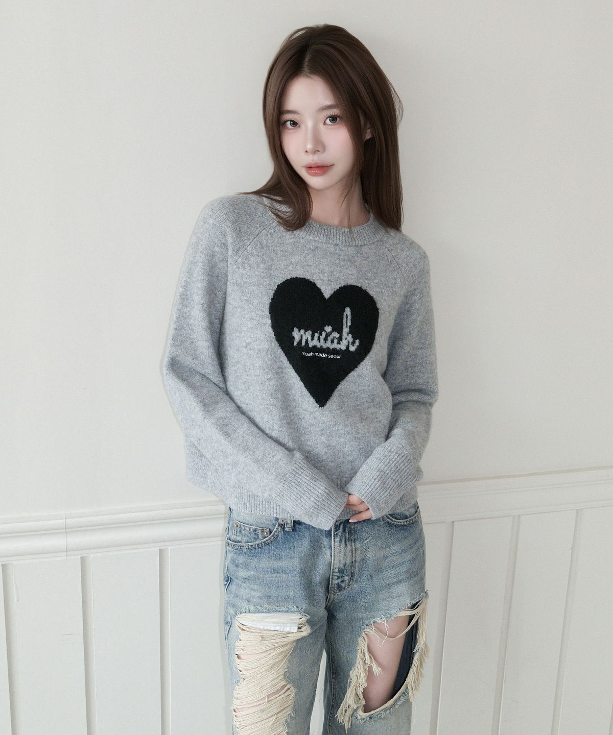 무아무아(MUAHMUAH) 하트 자카드 래글런 니트 [멜란지]