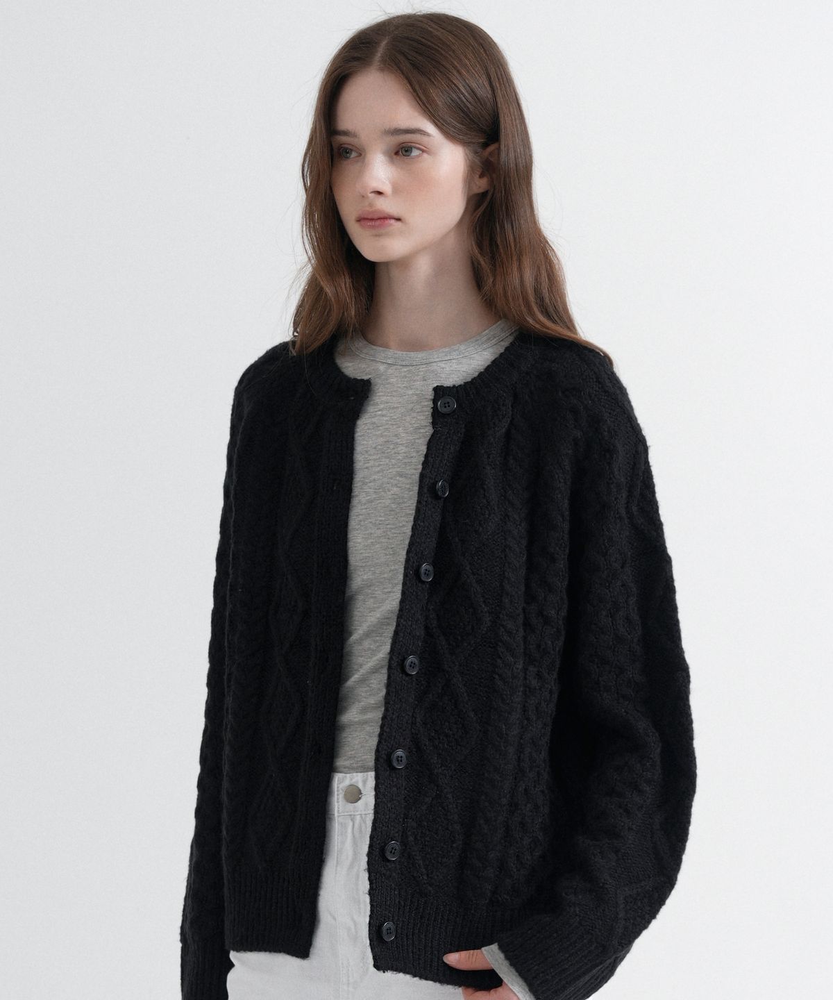 블레티(VLETI) Wool Fisherman Knit Cardigan (black)