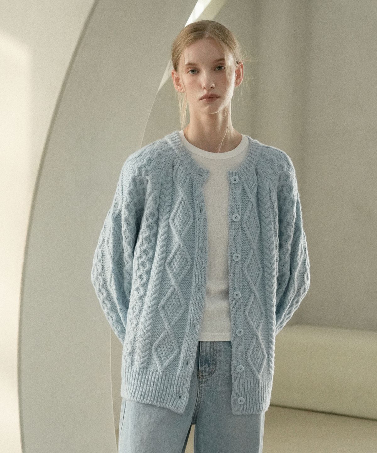블레티(VLETI) Wool Fisherman Knit Cardigan (sky blue)