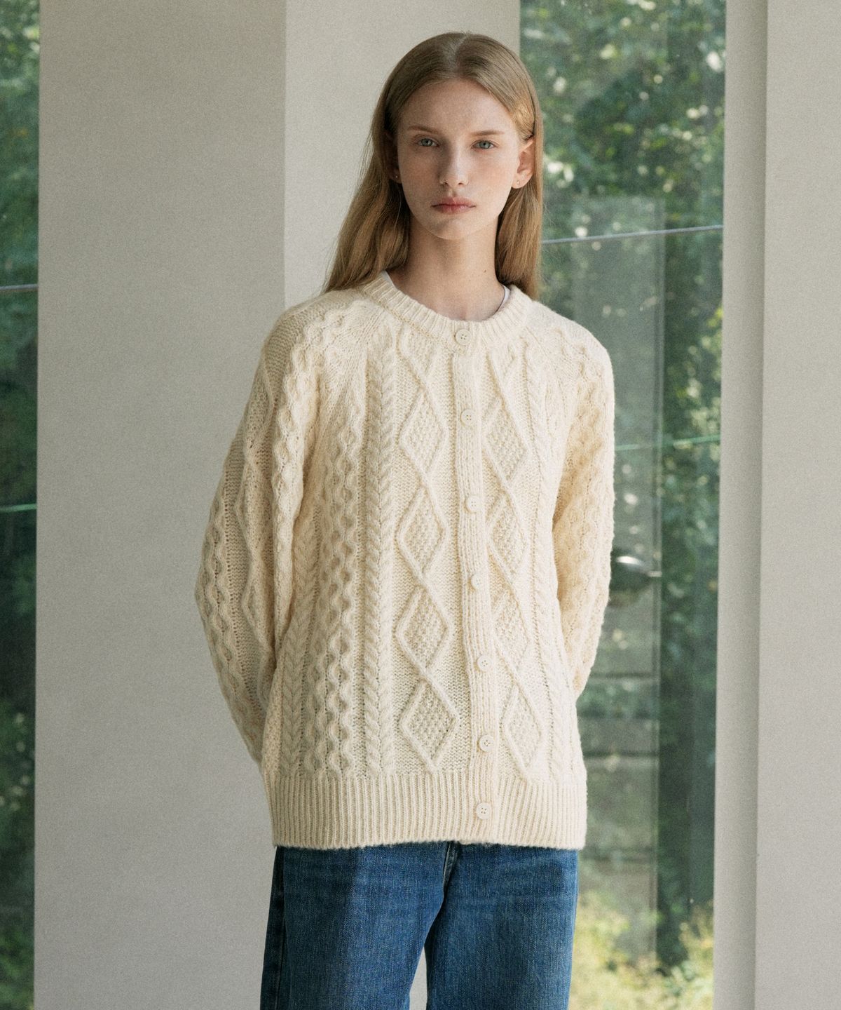 블레티(VLETI) Wool Fisherman Knit Cardigan (cream beige)