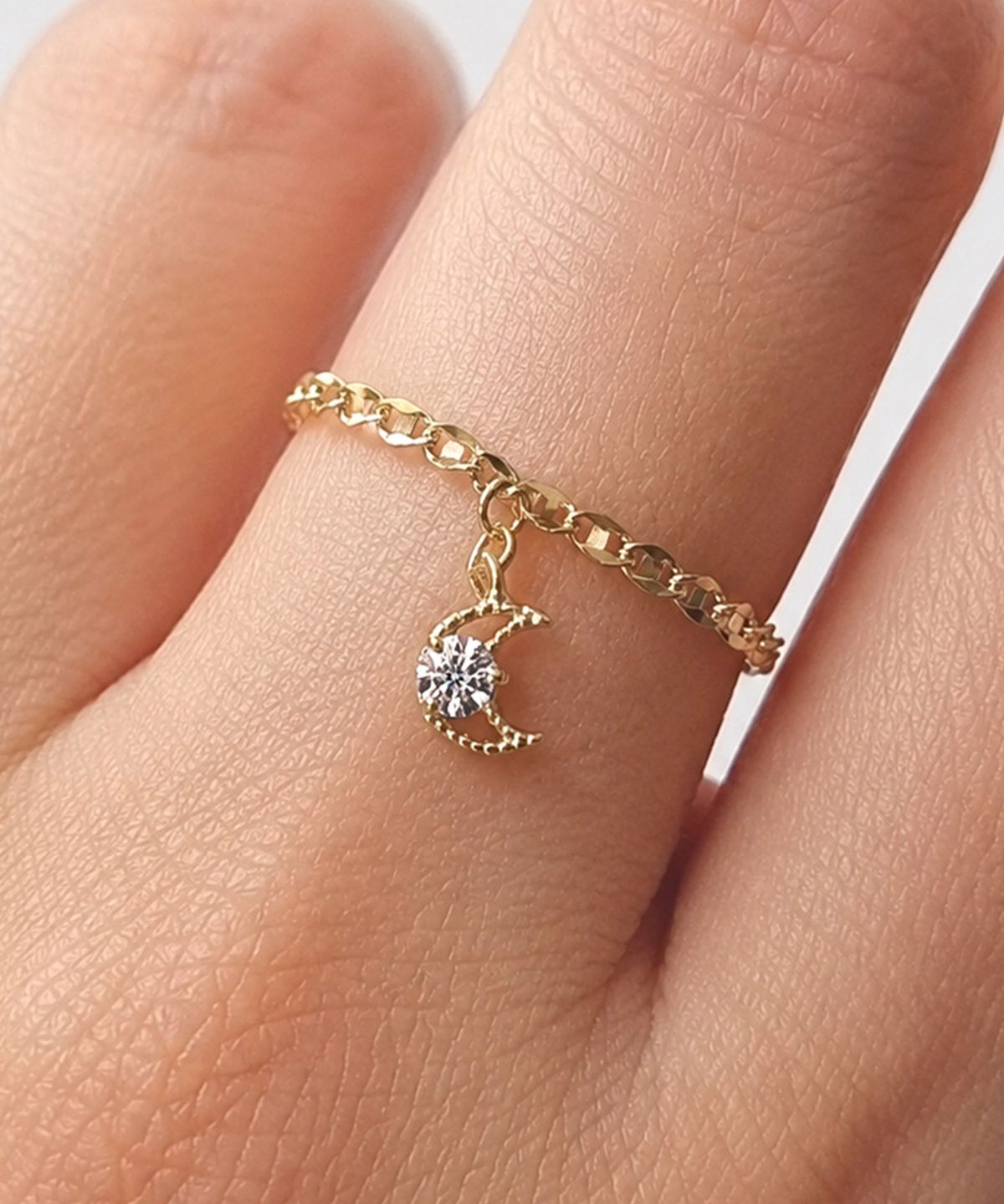 엘렌쥬얼리(HELENE JEWELRY) 14K 18K 초승달 랩 다이아몬드 플랫 체인 금 반지