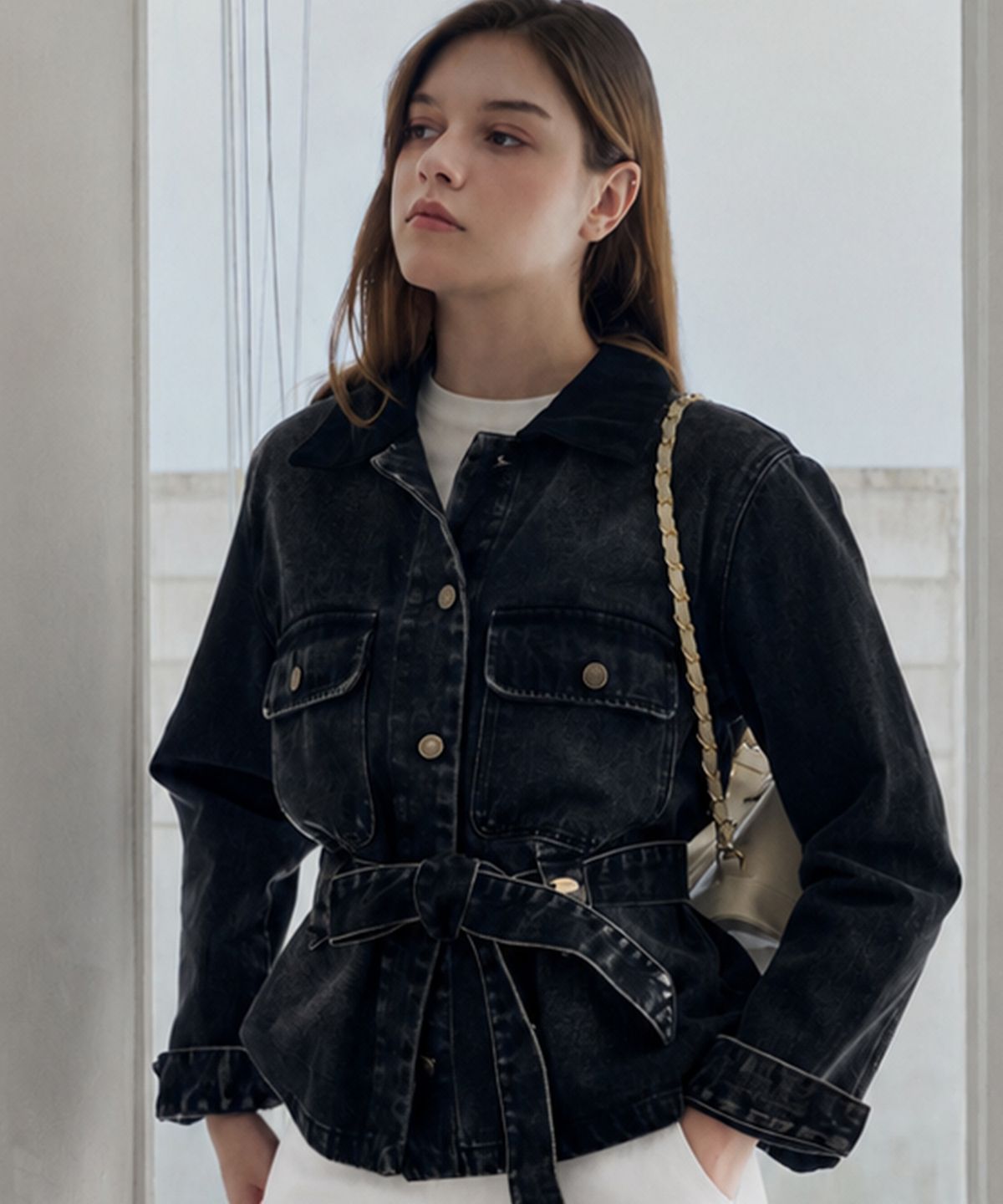 슬로우롤리(SLOWLOLLI) [5차] Belted denim jacket_2 Colors