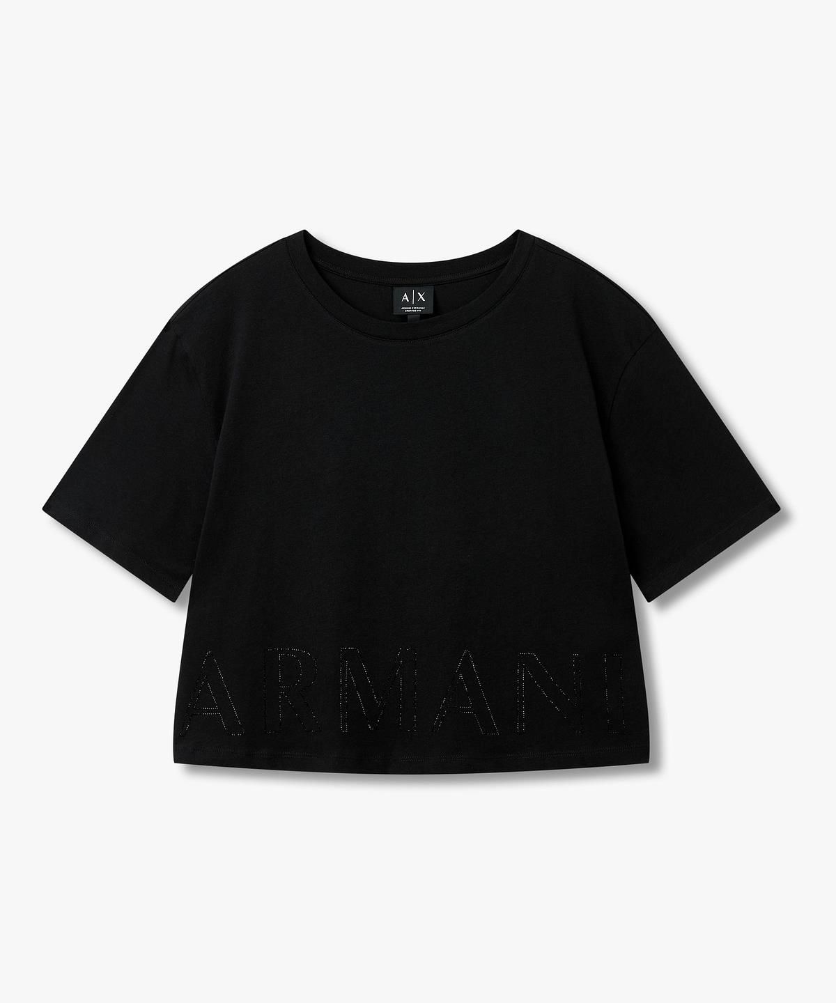 아르마니 익스체인지(ARMANI EXCHANGE) 여성 비즈 로고 디테일 크롭 티셔츠 _블랙_A426130510