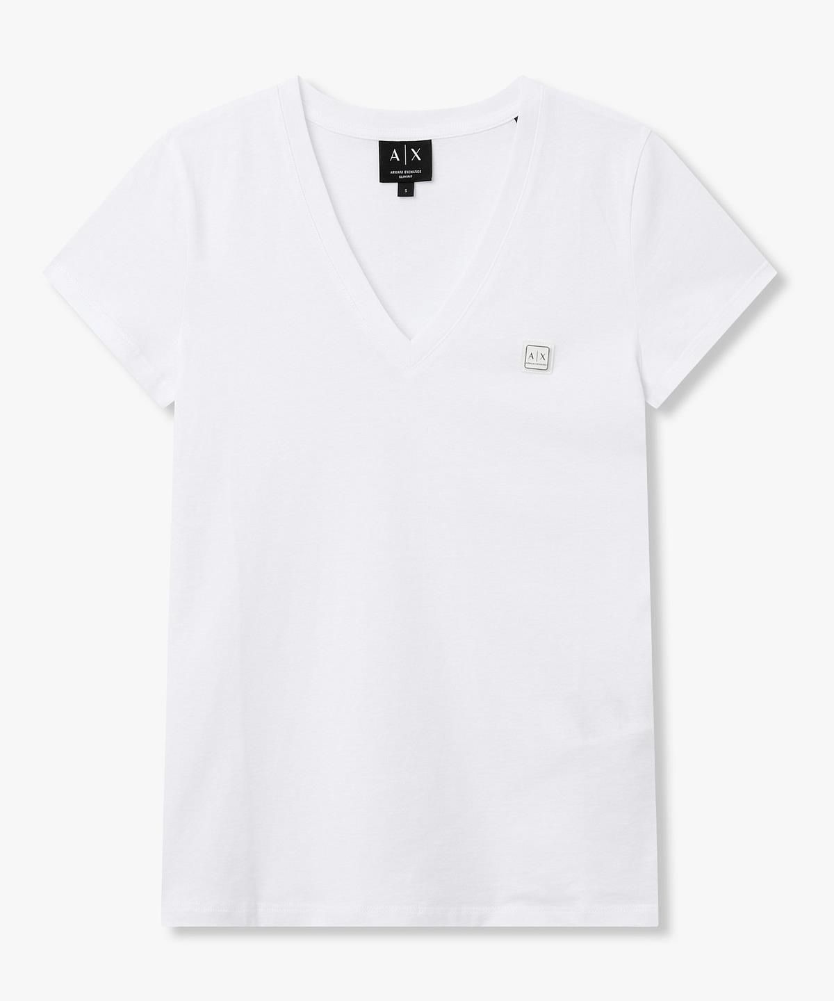 아르마니 익스체인지(ARMANI EXCHANGE) 여성 스퀘어 로고 브이넥 티셔츠 _화이트_A426130523