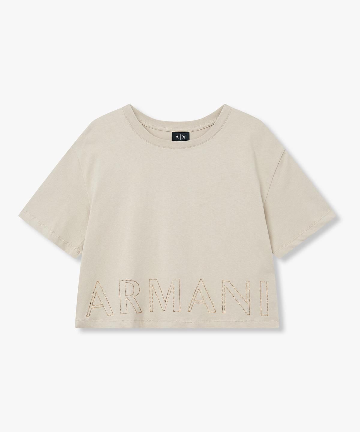 아르마니 익스체인지(ARMANI EXCHANGE) 여성 비즈 아웃라인 로고 크롭 티셔츠 _베이지_A426130509