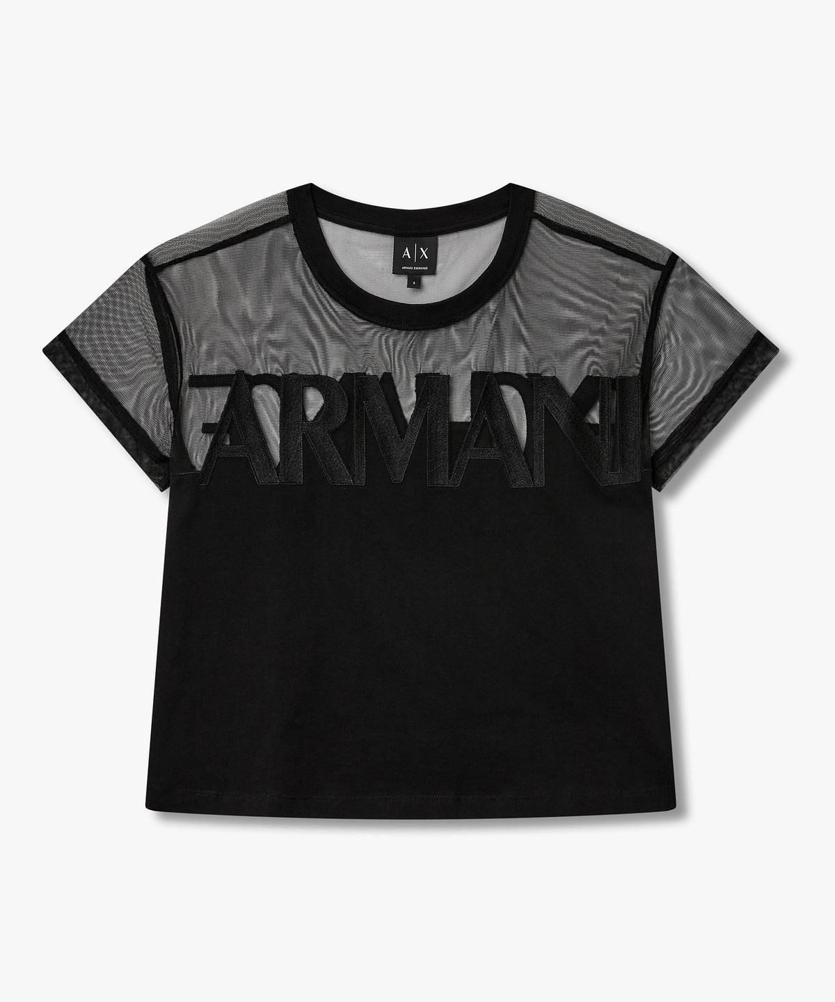 아르마니 익스체인지(ARMANI EXCHANGE) 여성 시스루 배색 빅 로고 티셔츠 _블랙_A426130518