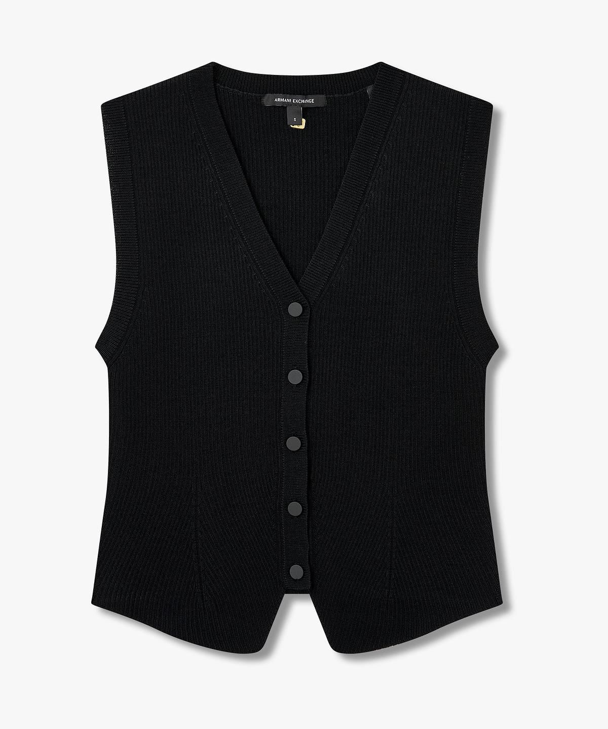 아르마니 익스체인지(ARMANI EXCHANGE) 여성 버튼업 슬리브리스 니트 탑 _블랙_A426132504