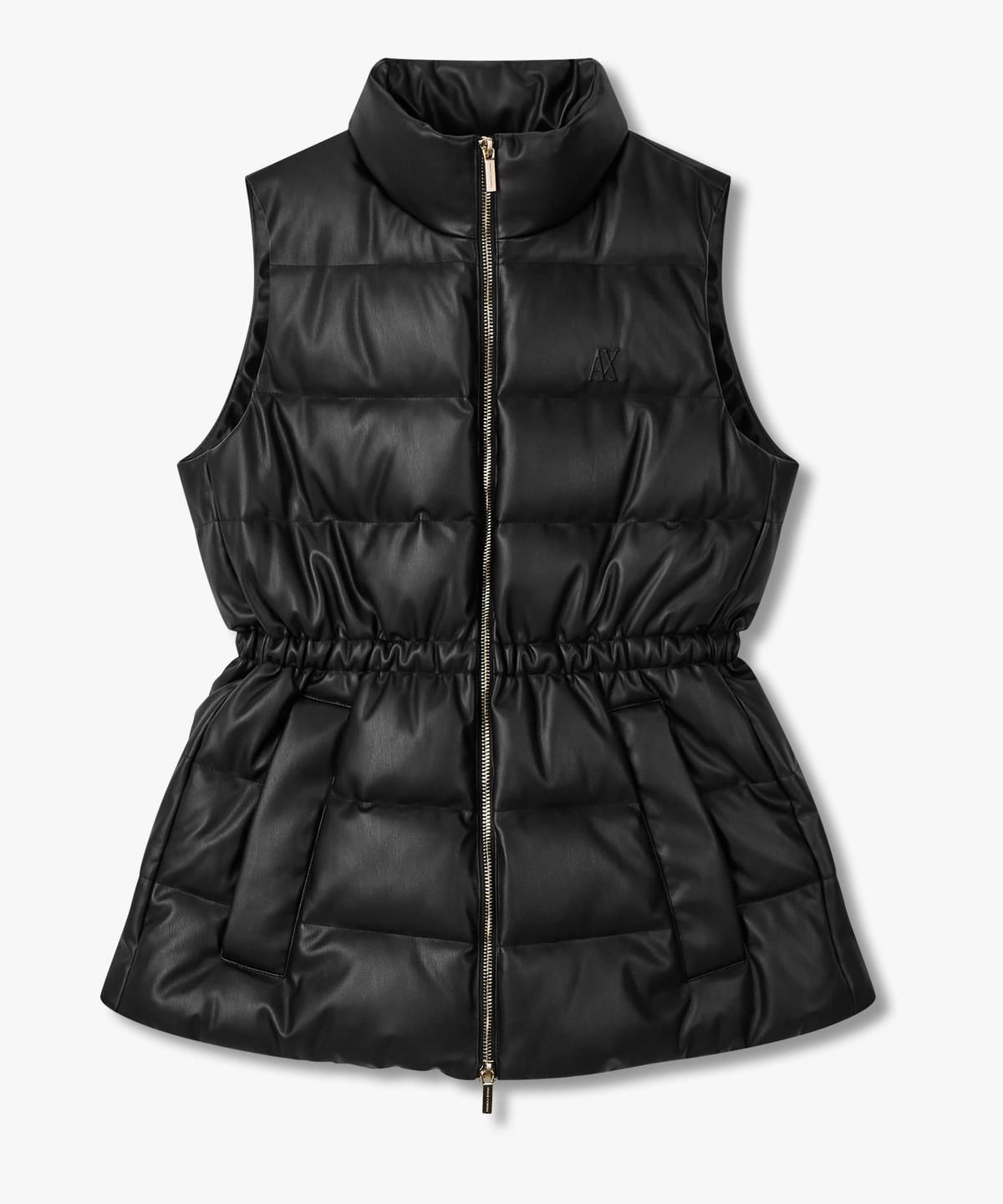 아르마니 익스체인지(ARMANI EXCHANGE) 여성 하이넥 페이크 레더 패딩 베스트 _블랙_A425310509