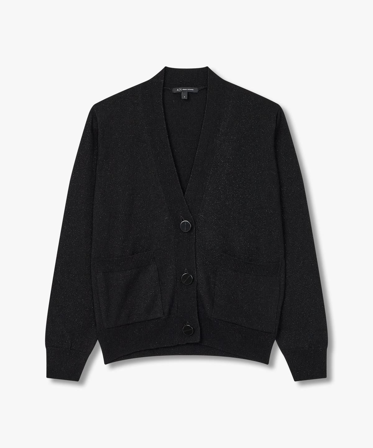 아르마니 익스체인지(ARMANI EXCHANGE) 여성 글리터 브이넥 로고 버튼 가디건 _블랙_A424332506