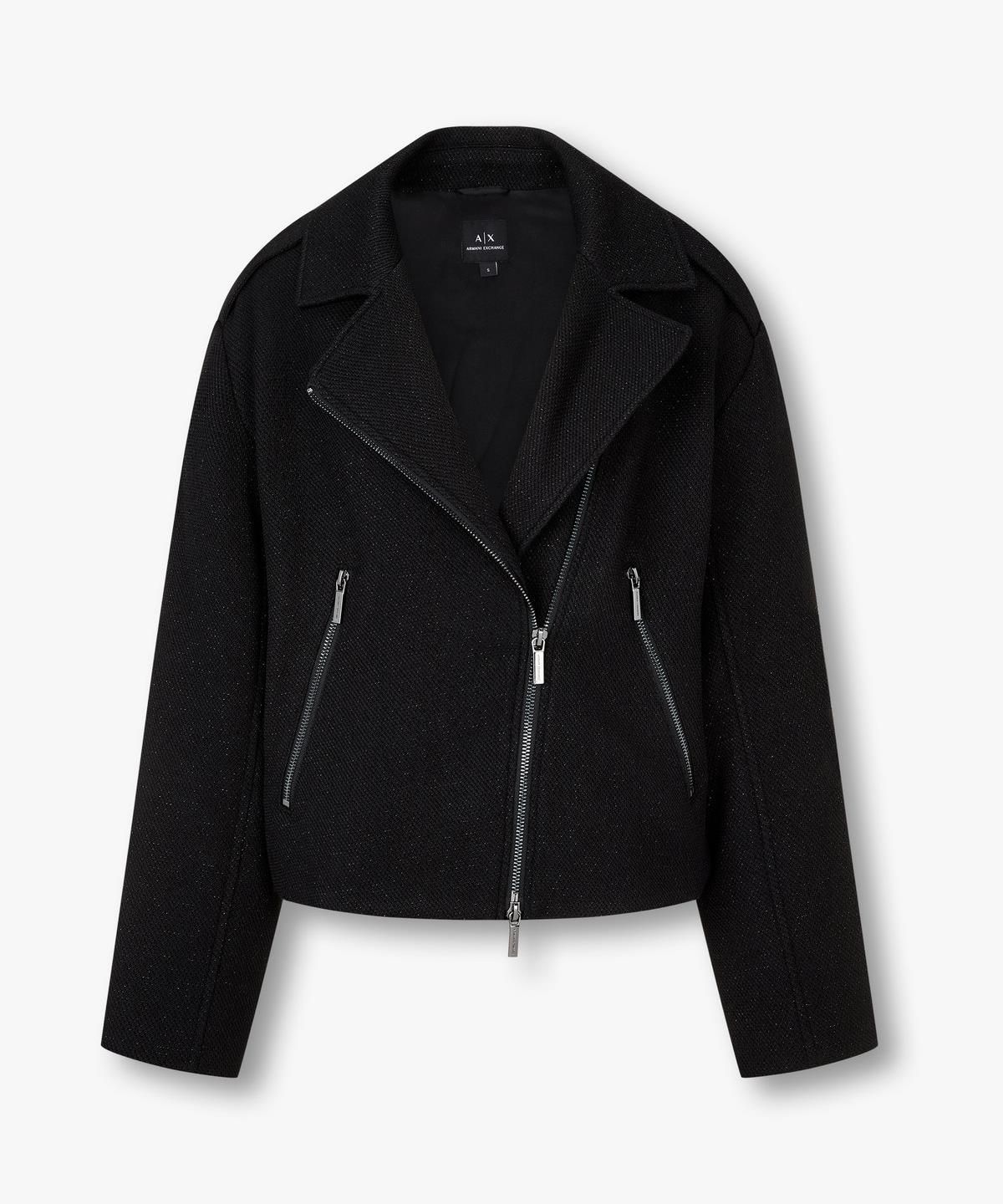 아르마니 익스체인지(ARMANI EXCHANGE) 여성 메탈릭 디테일 바이커 자켓 _블랙_A425310519