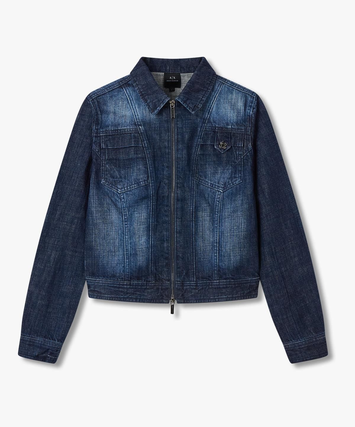 아르마니 익스체인지(ARMANI EXCHANGE) 여성 워시드 집업 데님 자켓 _블루_A425310515
