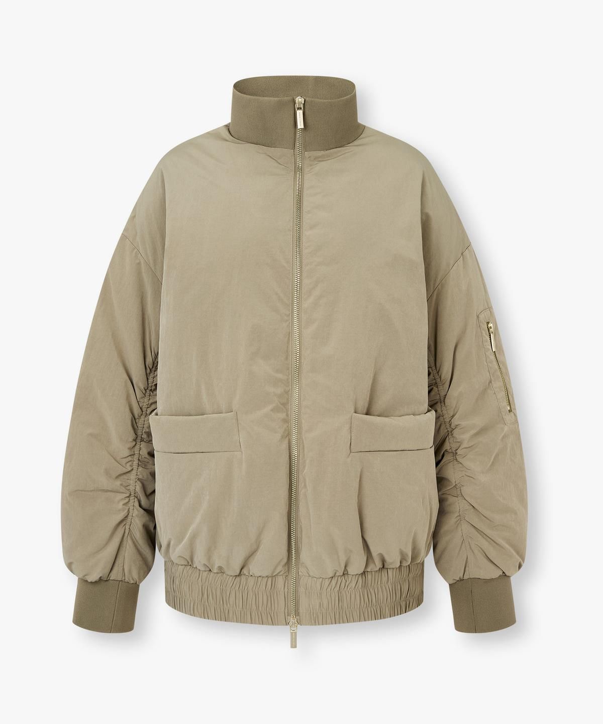 아르마니 익스체인지(ARMANI EXCHANGE) 여성 셔링 슬리브 하이넥 패딩 자켓 _카키 베이지_A425310505