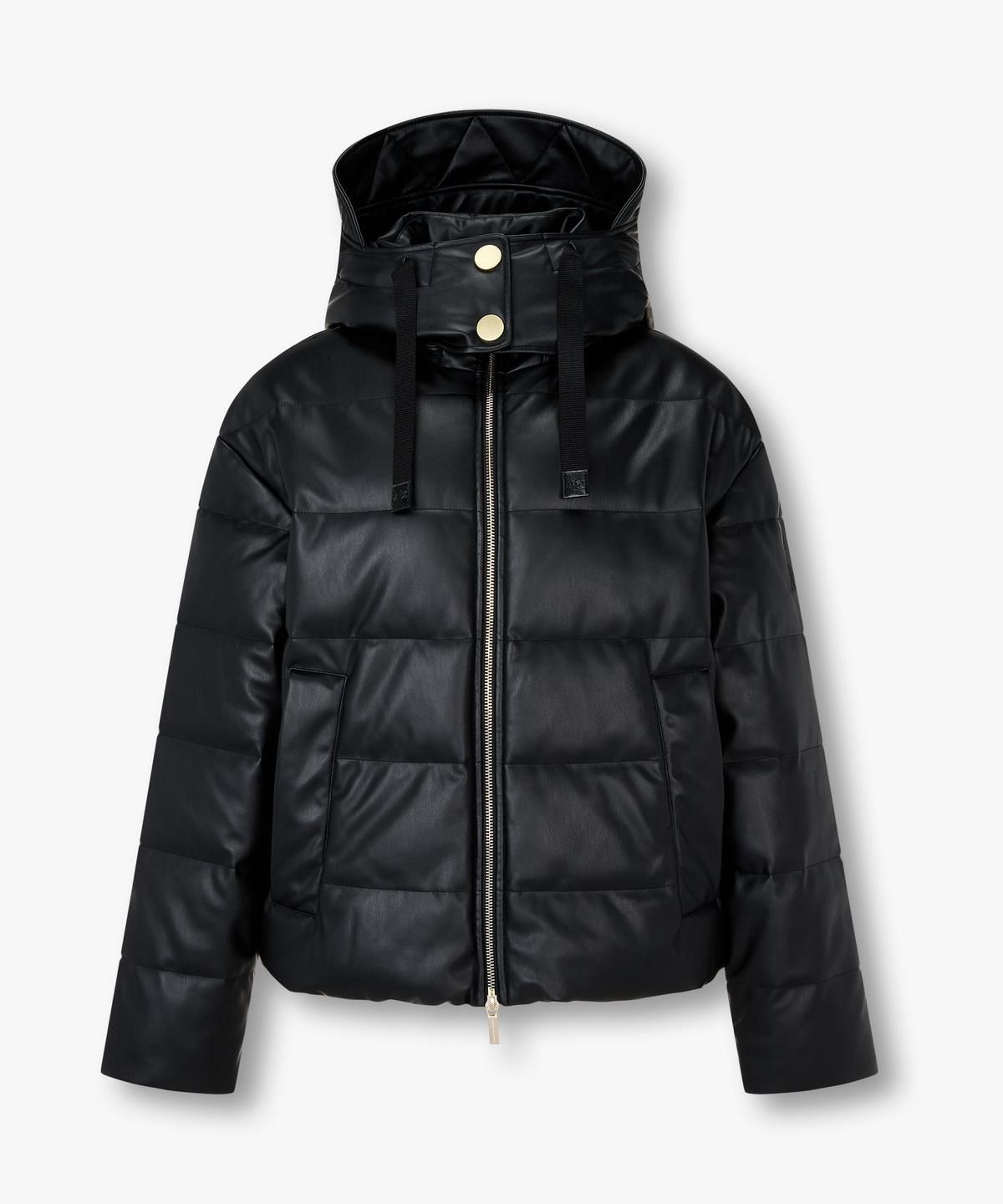 아르마니 익스체인지(ARMANI EXCHANGE) 여성 디태처블 후드 페이크 레더 패딩 자켓 _블랙_A425310506
