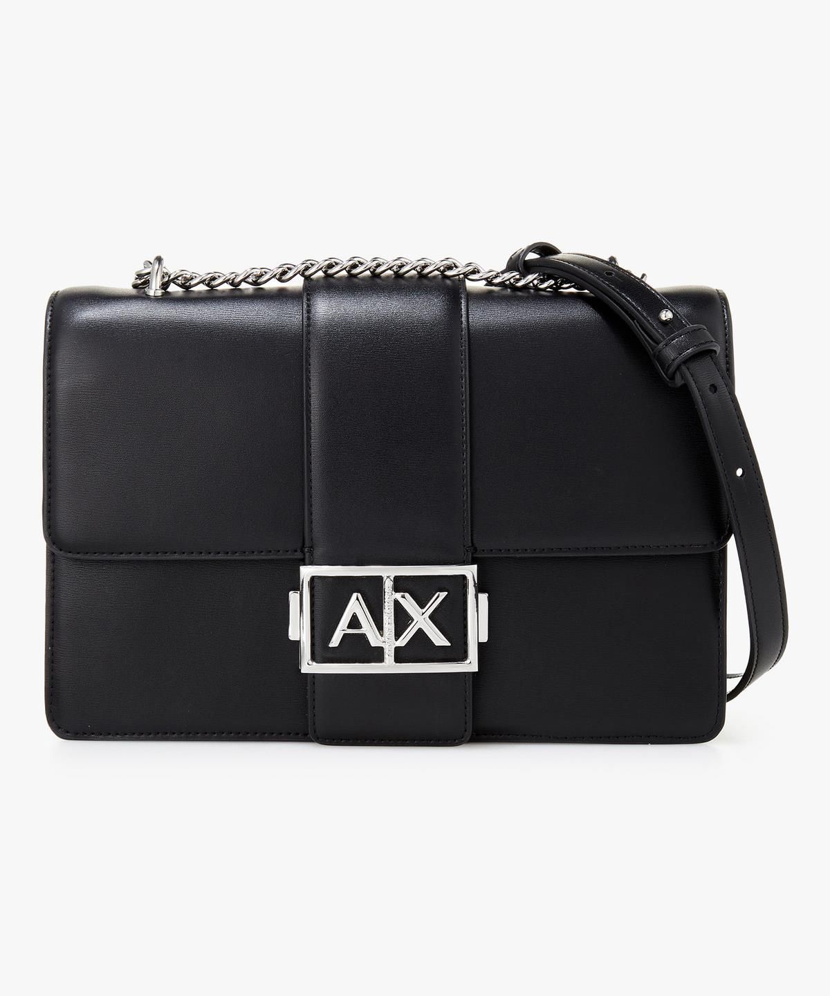 아르마니 익스체인지(ARMANI EXCHANGE) 여성 메탈 로고 인터로킹 숄더백 _블랙_A425170500