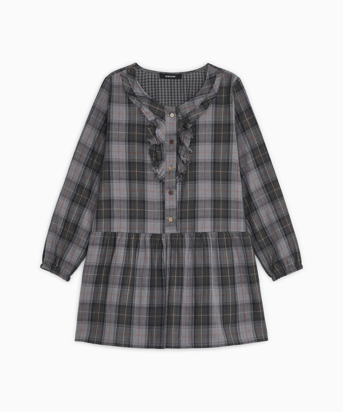오헤시오(OHESHIO) VINTAGE RUFFLE DRESS, GRAY CHECK