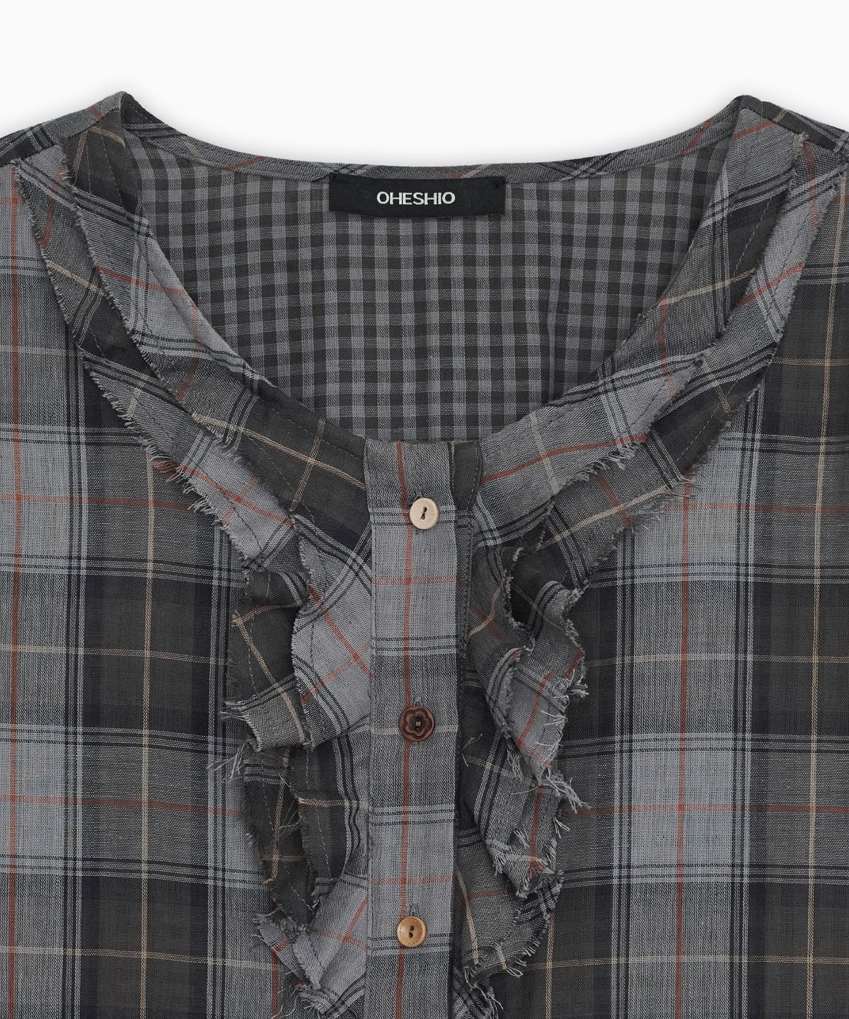 오헤시오(OHESHIO) VINTAGE RUFFLE DRESS, GRAY CHECK