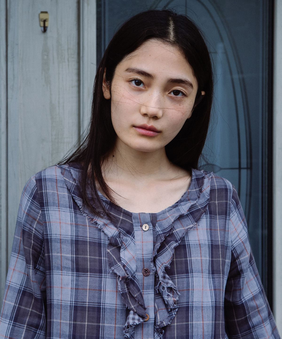 오헤시오(OHESHIO) VINTAGE RUFFLE DRESS, GRAY CHECK