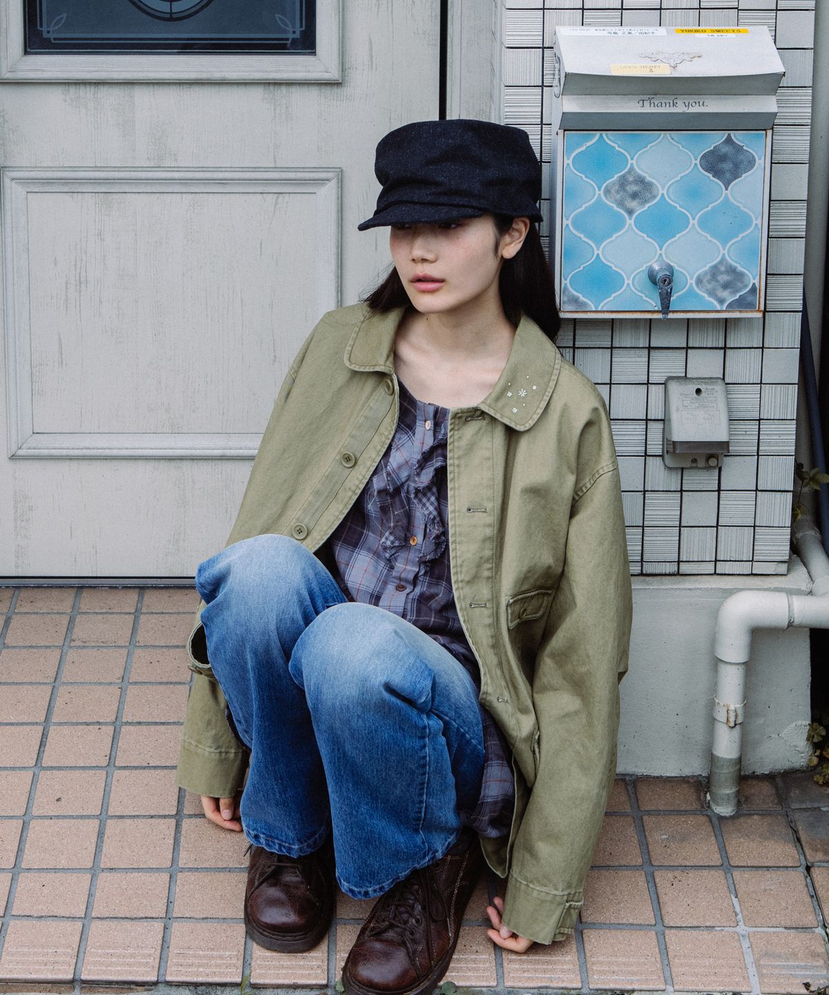 오헤시오(OHESHIO) VINTAGE RUFFLE DRESS, GRAY CHECK
