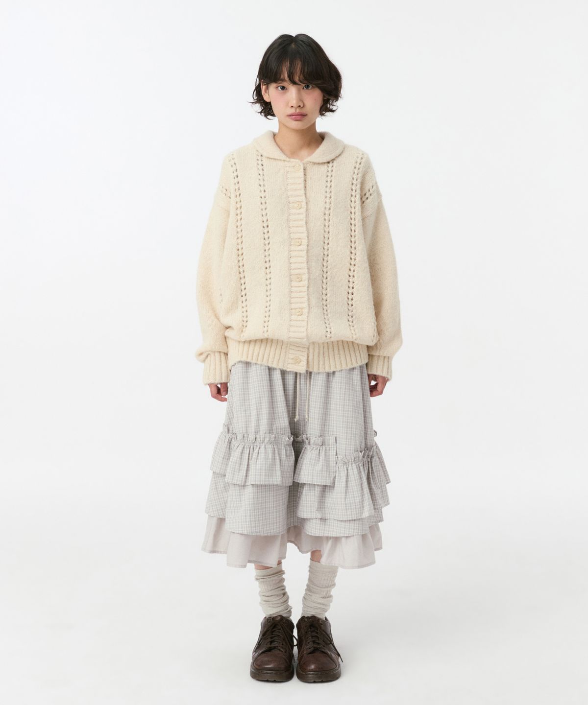 오헤시오(OHESHIO) CHECK FRILL MIDI SKIRT, LIGHT BEIGE