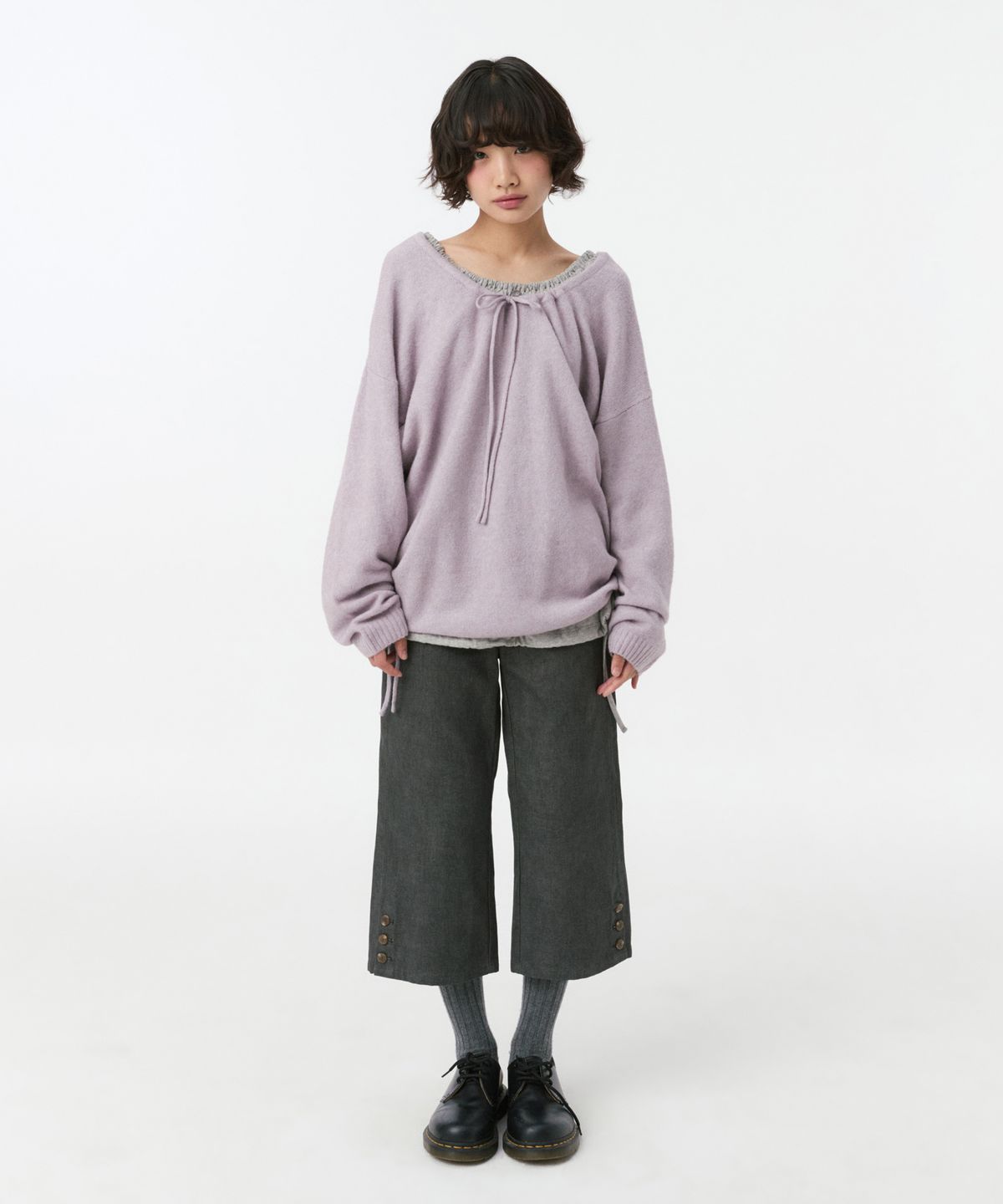 오헤시오(OHESHIO) VINTAGE DOT BUTTON CAPRI PANTS, CHARCOAL
