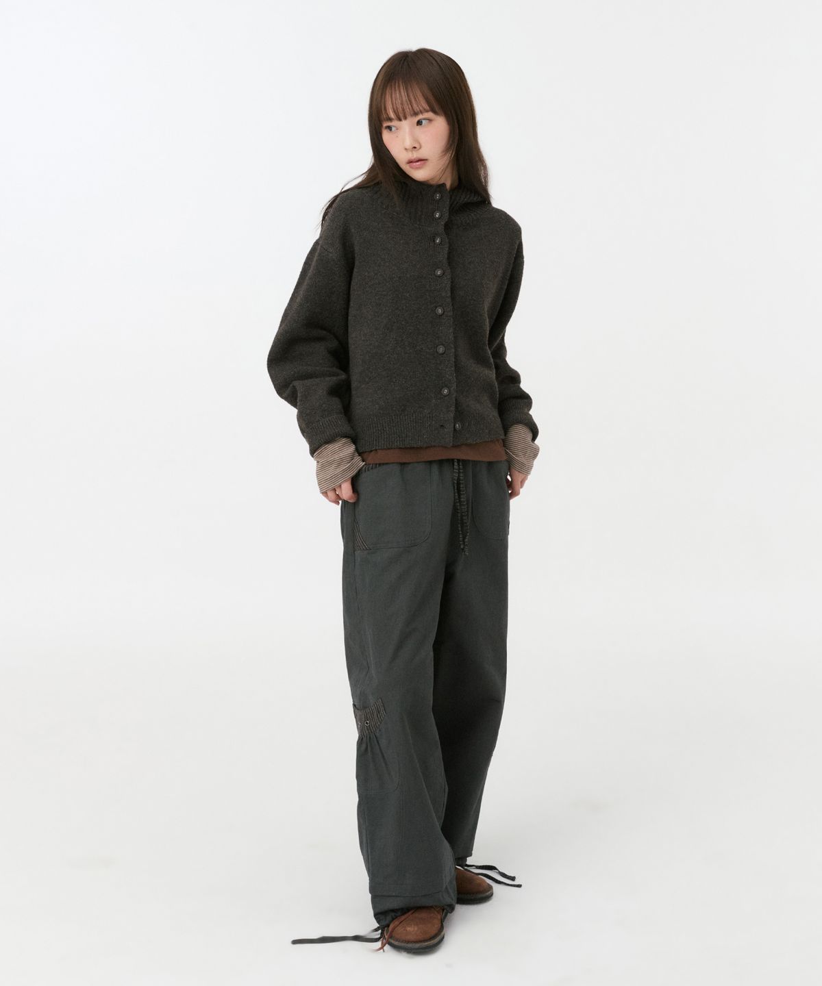 오헤시오(OHESHIO) SHIRRING COLOR BLOCK LONG SLEEVE, BROWN