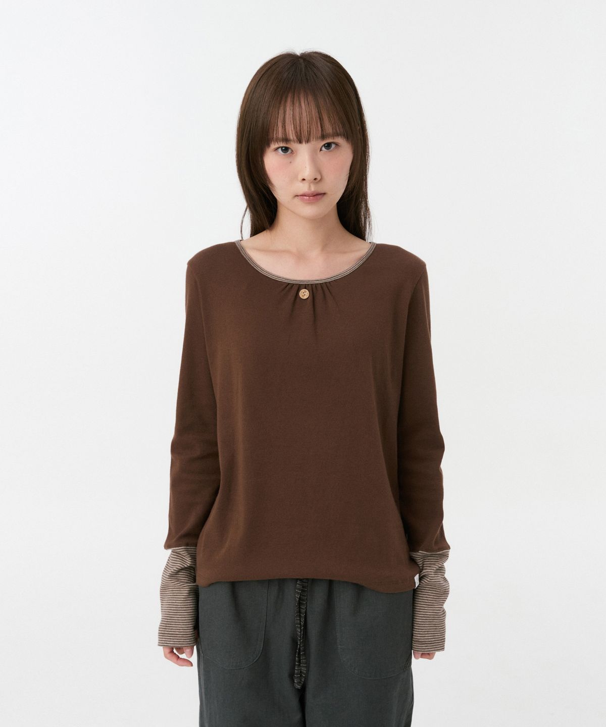 오헤시오(OHESHIO) SHIRRING COLOR BLOCK LONG SLEEVE, BROWN