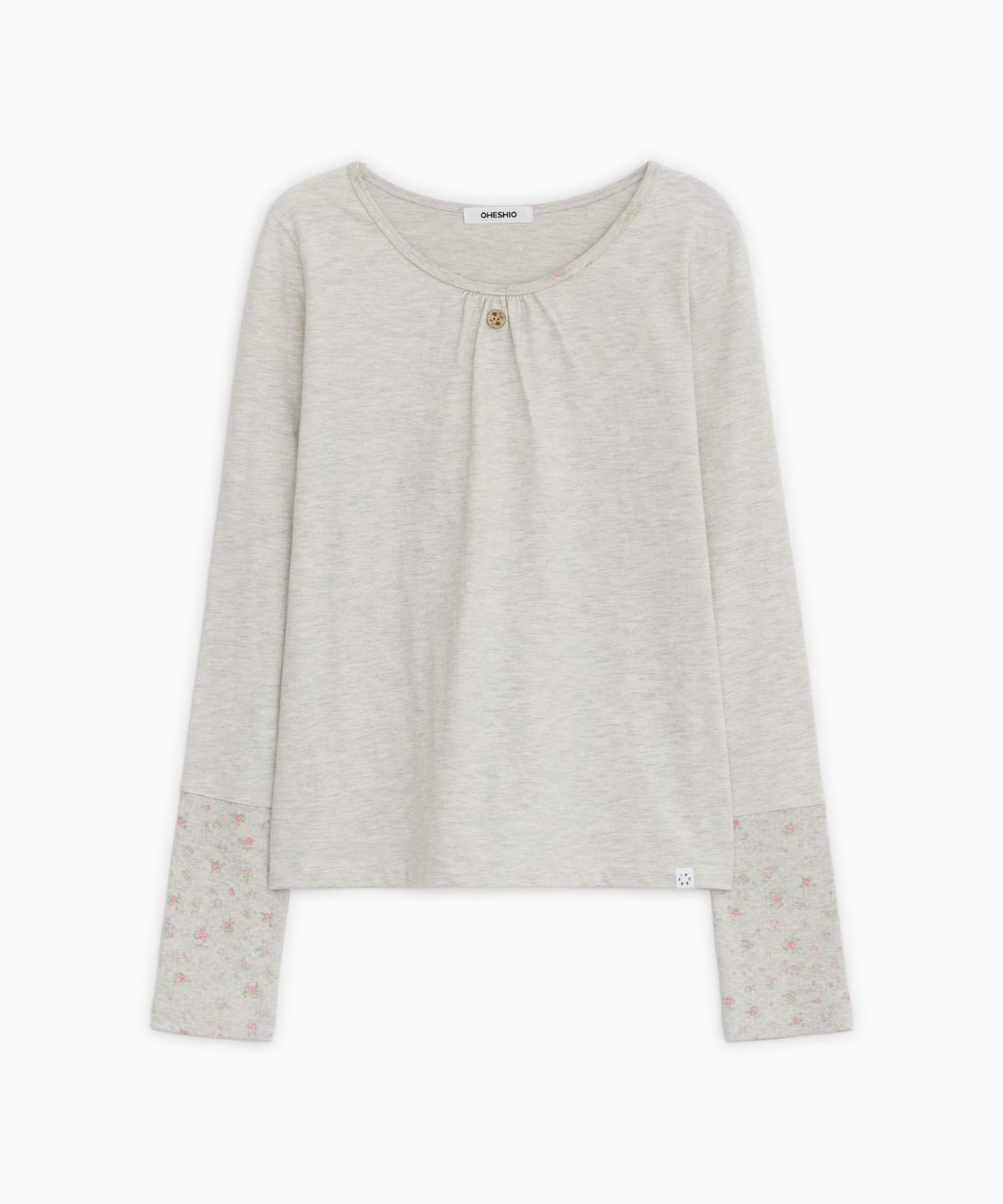 오헤시오(OHESHIO) SHIRRING COLOR BLOCK LONG SLEEVE, FLORAL OATMEAL