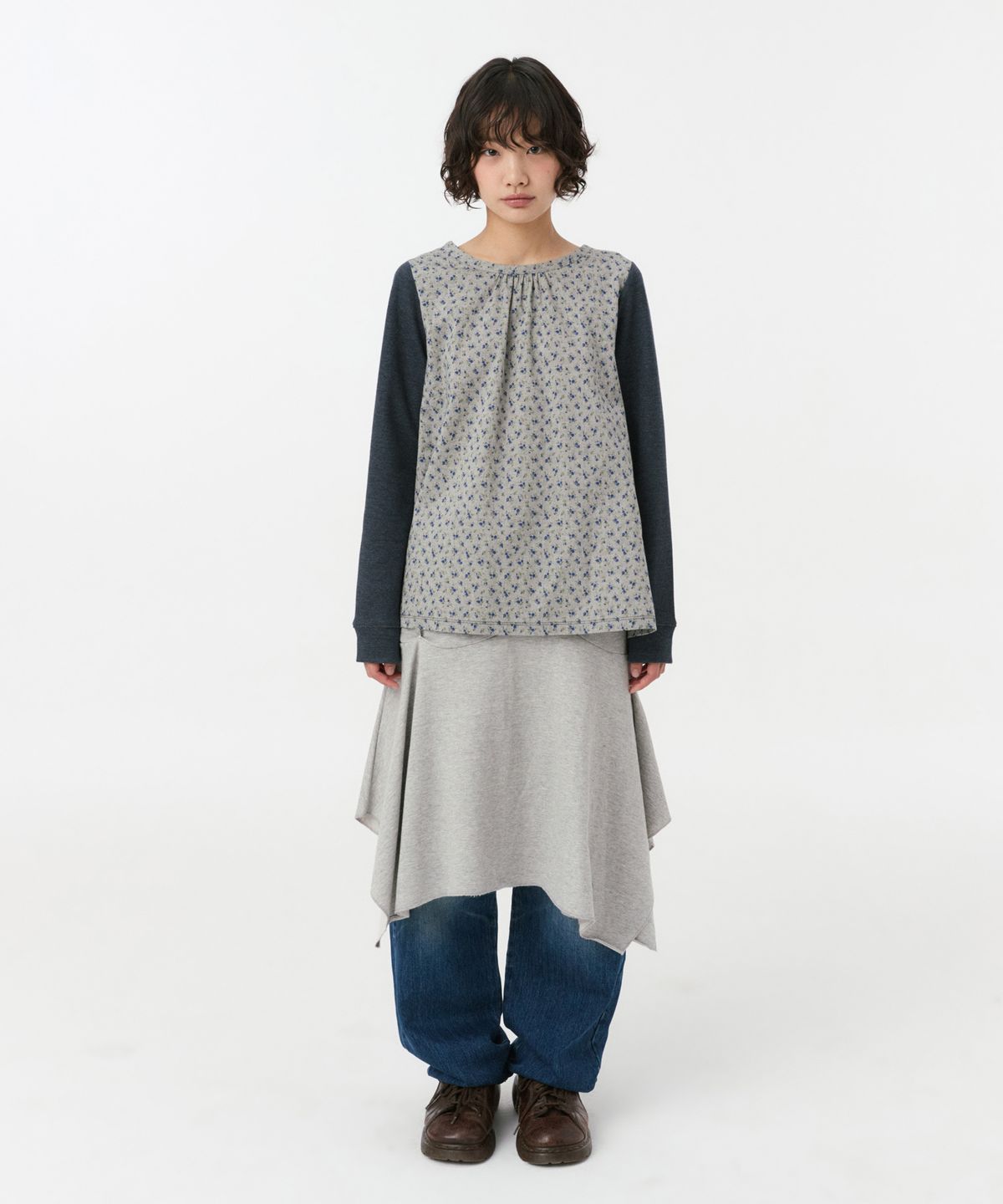 오헤시오(OHESHIO) FLORAL WOVEN PANEL LONG SLEEVE, NAVY
