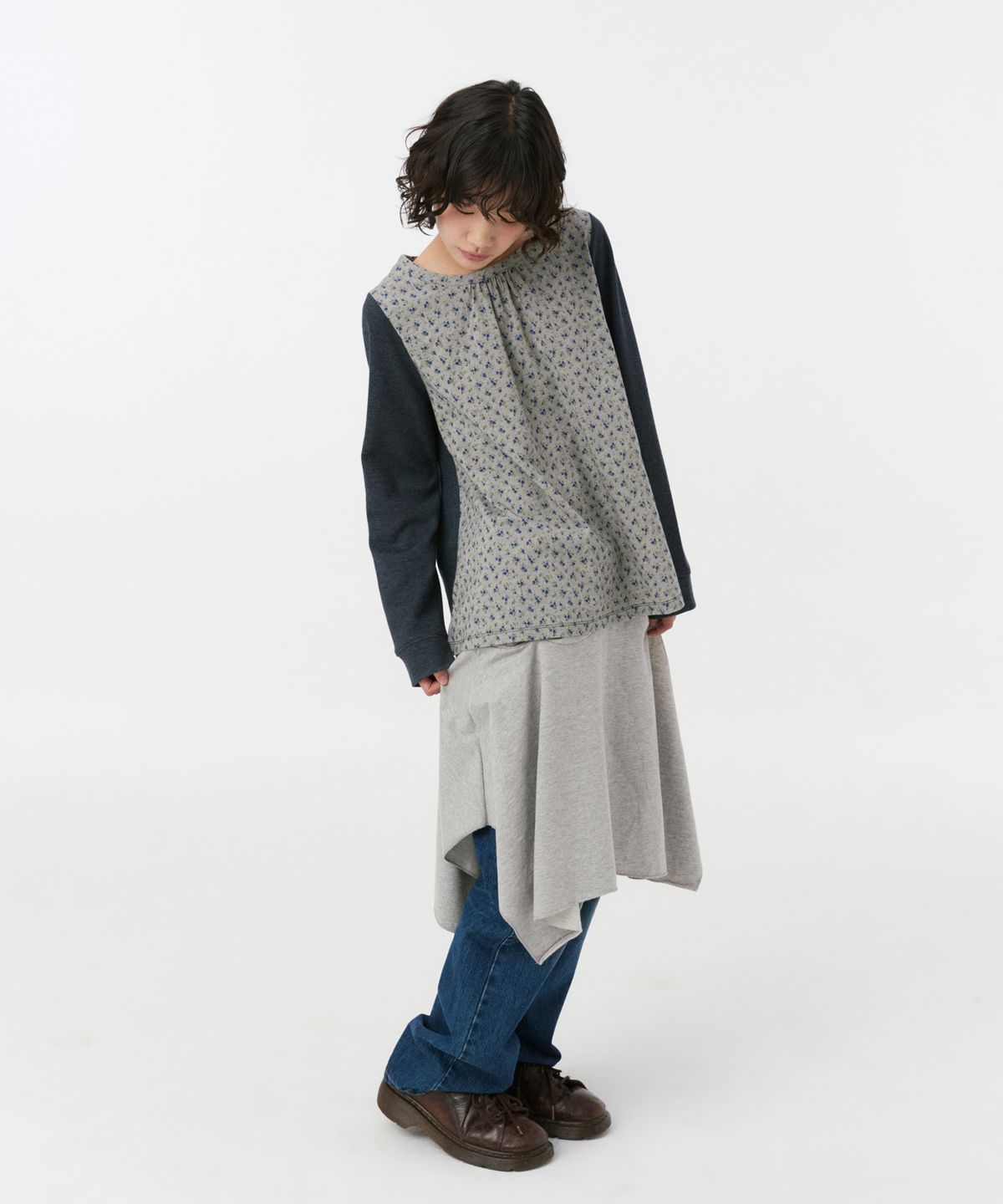 오헤시오(OHESHIO) FLORAL WOVEN PANEL LONG SLEEVE, NAVY