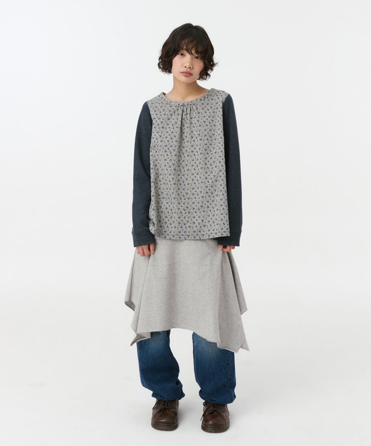 오헤시오(OHESHIO) FLORAL WOVEN PANEL LONG SLEEVE, NAVY