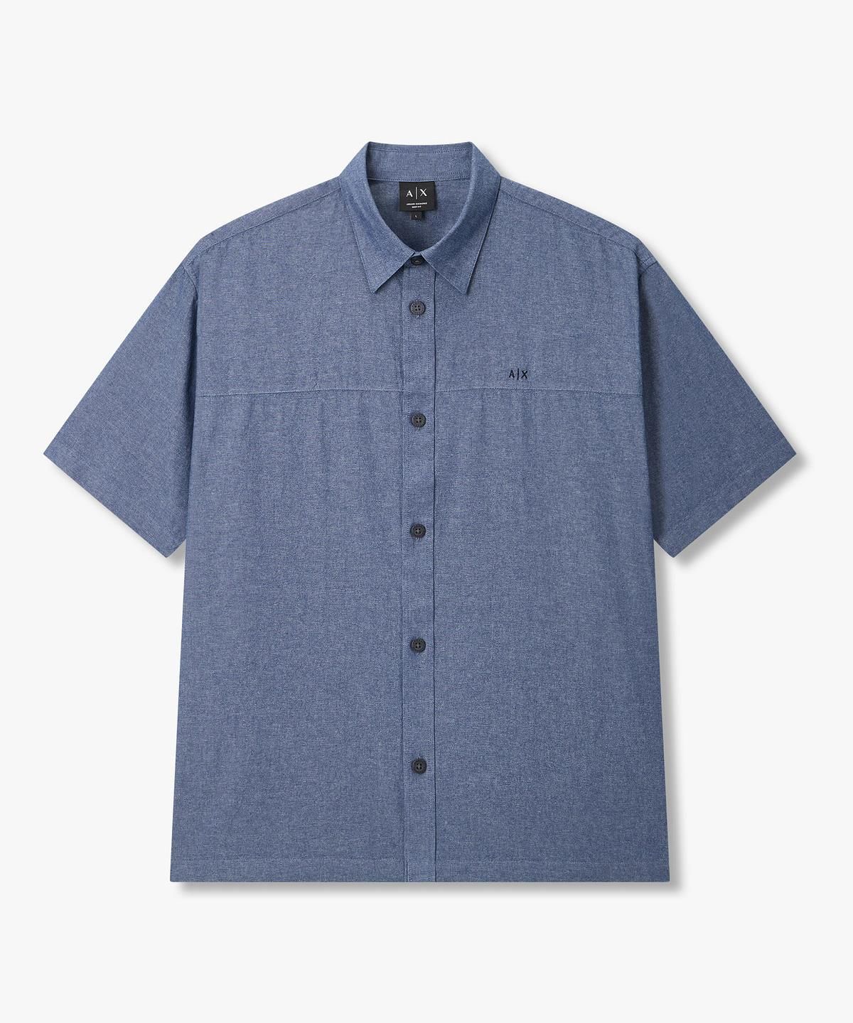 아르마니 익스체인지(ARMANI EXCHANGE) 남성 자수 로고 숏 슬리브 코튼 셔츠 _블루_A416120004